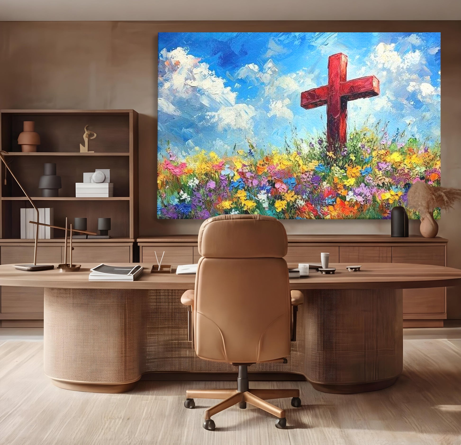 Tablou Canvas Premium LuxCanva® H1059, Gradina Raiului, Credinta, Cruce, Flori, Gradina, Lumina, Rasarit, Speranta, Puritate, Spiritualitate, Simbol Sacru, Living, Dormitor