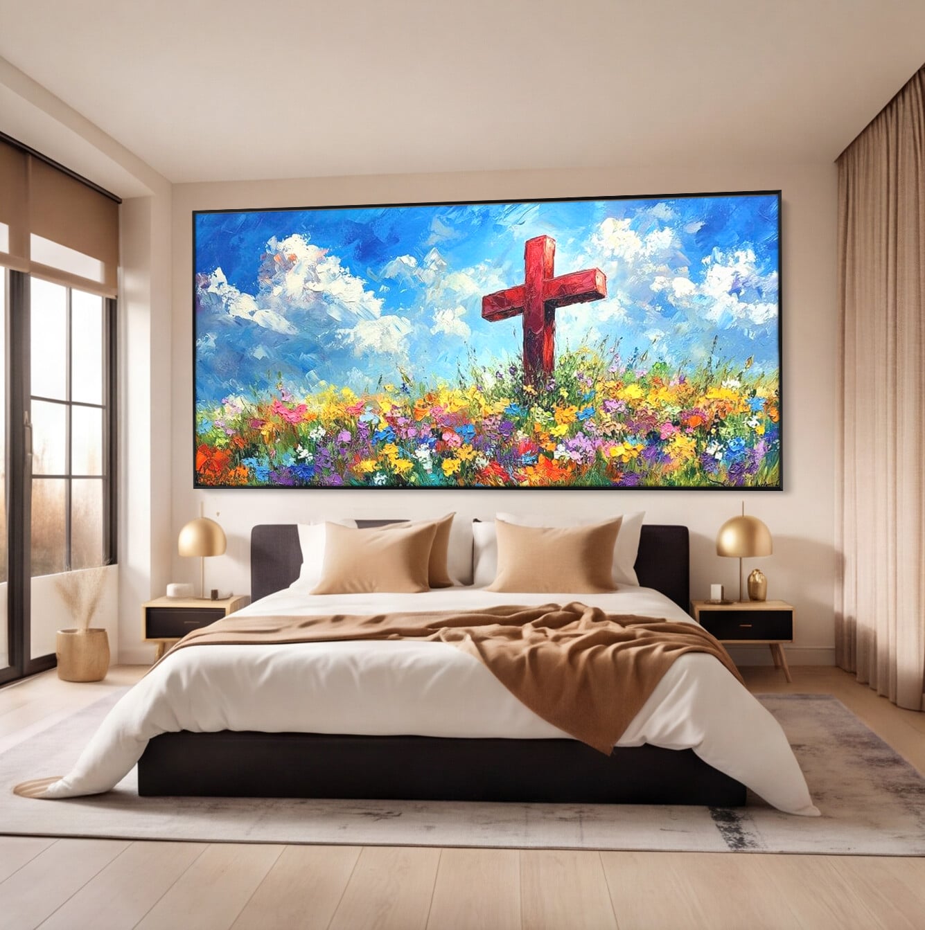 Tablou Canvas Premium LuxCanva® H1059, Gradina Raiului, Credinta, Cruce, Flori, Gradina, Lumina, Rasarit, Speranta, Puritate, Spiritualitate, Simbol Sacru, Living, Dormitor