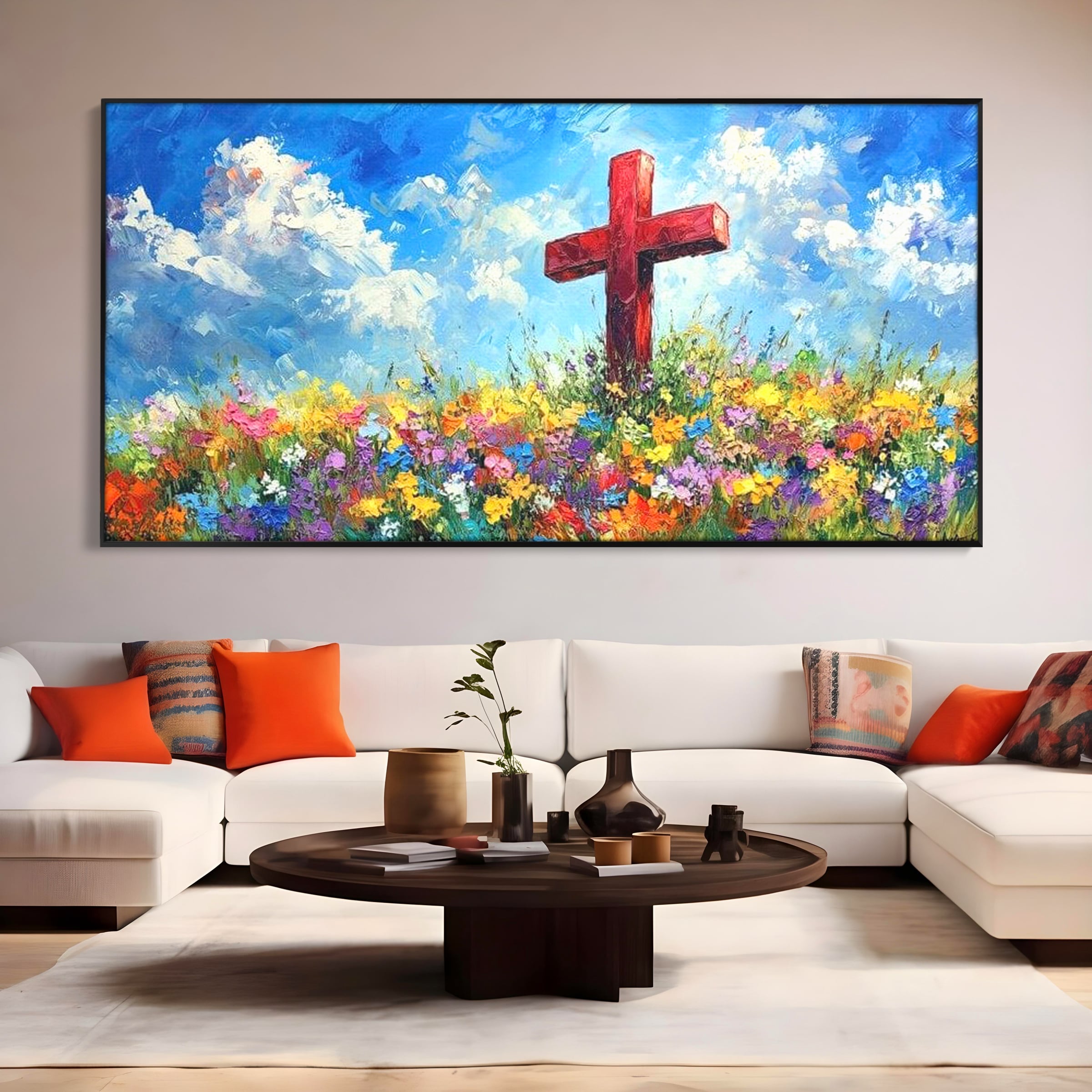 Tablou Canvas Premium LuxCanva® H1059, Gradina Raiului, Credinta, Cruce, Flori, Gradina, Lumina, Rasarit, Speranta, Puritate, Spiritualitate, Simbol Sacru, Living, Dormitor