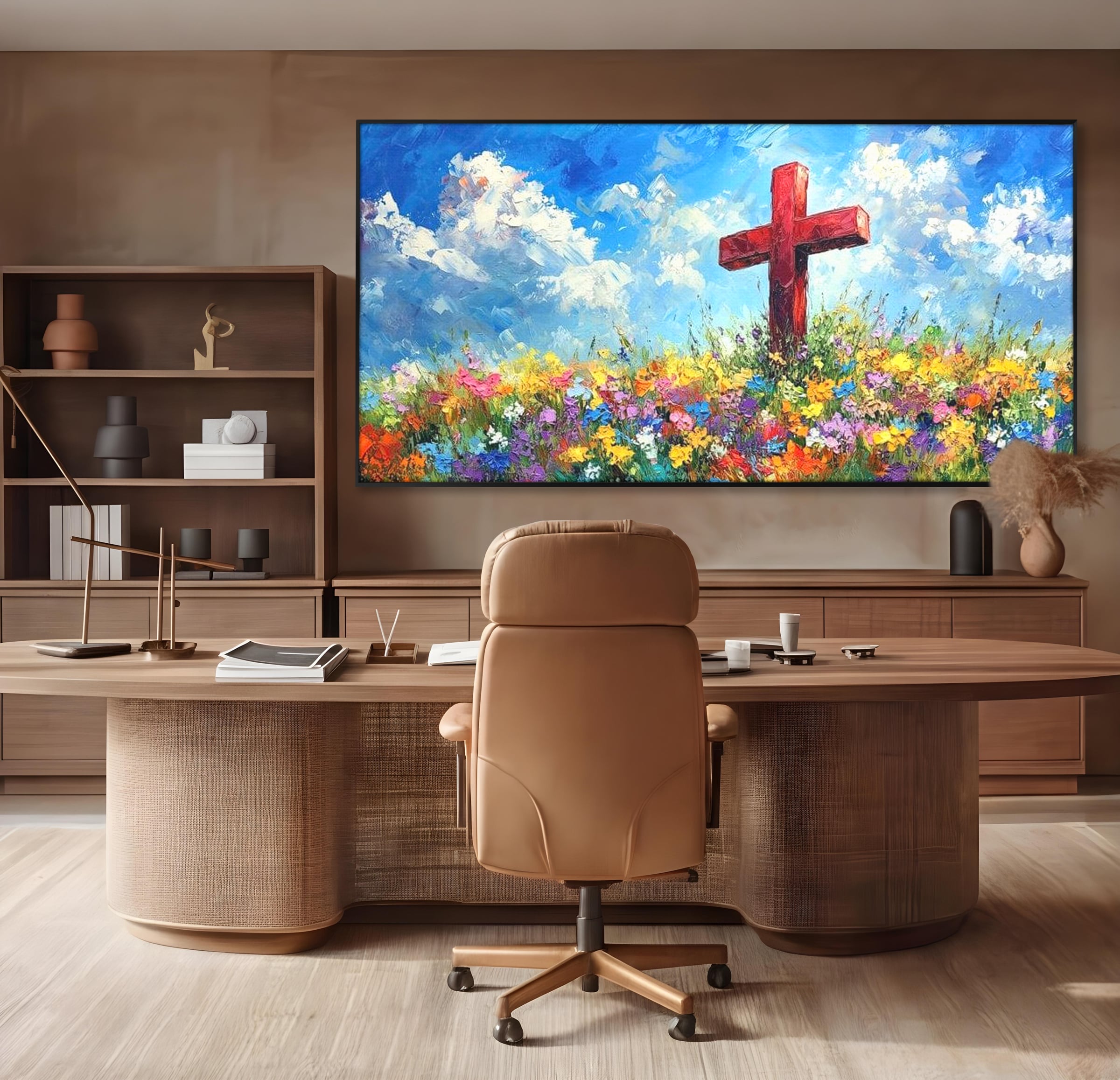 Tablou Canvas Premium LuxCanva® H1059, Gradina Raiului, Credinta, Cruce, Flori, Gradina, Lumina, Rasarit, Speranta, Puritate, Spiritualitate, Simbol Sacru, Living, Dormitor