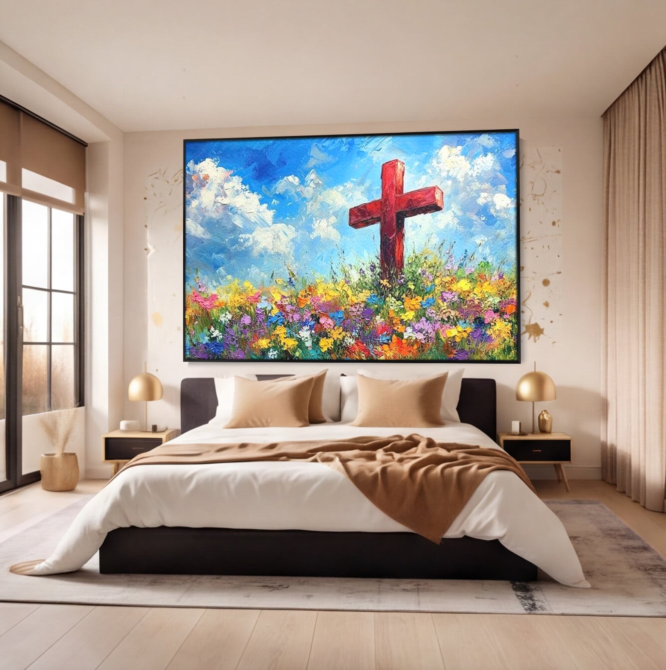 Tablou Canvas Premium LuxCanva® H1059, Gradina Raiului, Credinta, Cruce, Flori, Gradina, Lumina, Rasarit, Speranta, Puritate, Spiritualitate, Simbol Sacru, Living, Dormitor