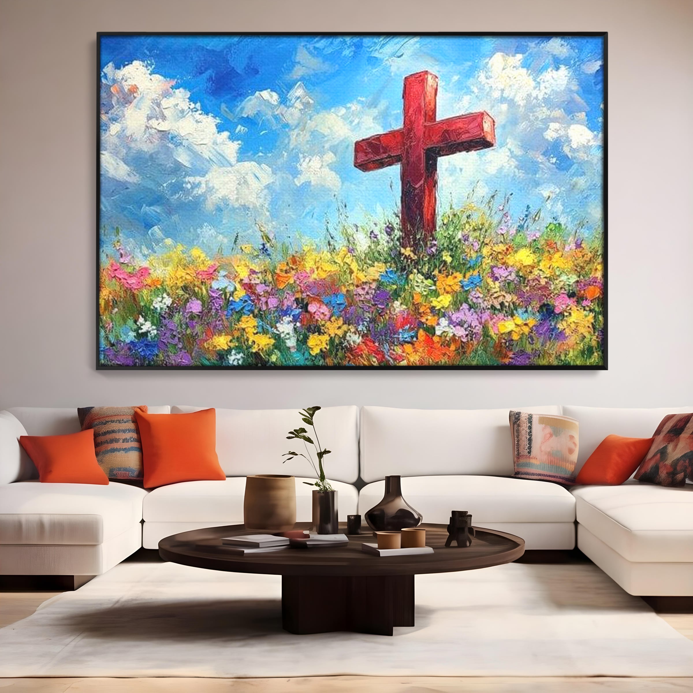 Tablou Canvas Premium LuxCanva® H1059, Gradina Raiului, Credinta, Cruce, Flori, Gradina, Lumina, Rasarit, Speranta, Puritate, Spiritualitate, Simbol Sacru, Living, Dormitor