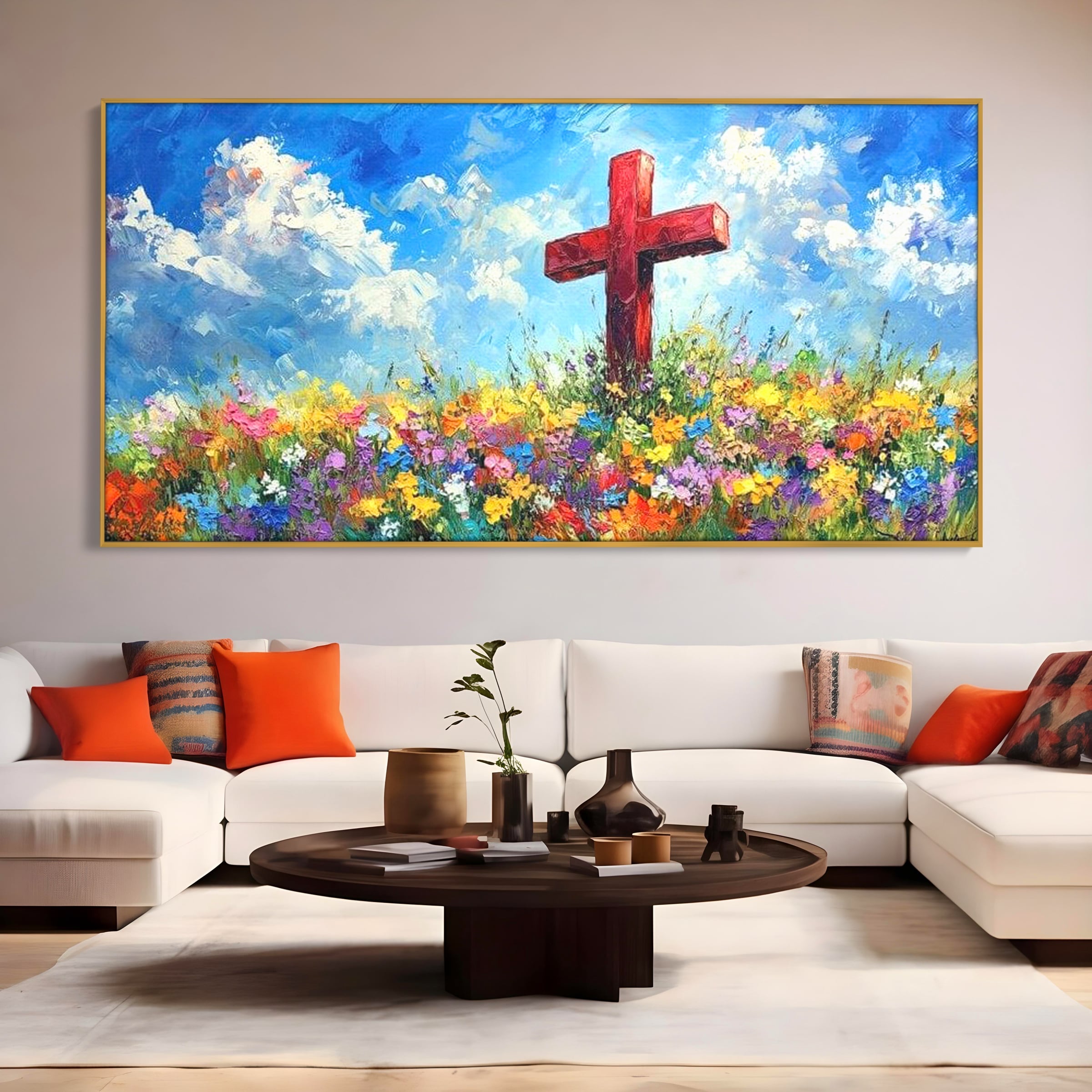 Tablou Canvas Premium LuxCanva® H1059, Gradina Raiului, Credinta, Cruce, Flori, Gradina, Lumina, Rasarit, Speranta, Puritate, Spiritualitate, Simbol Sacru, Living, Dormitor