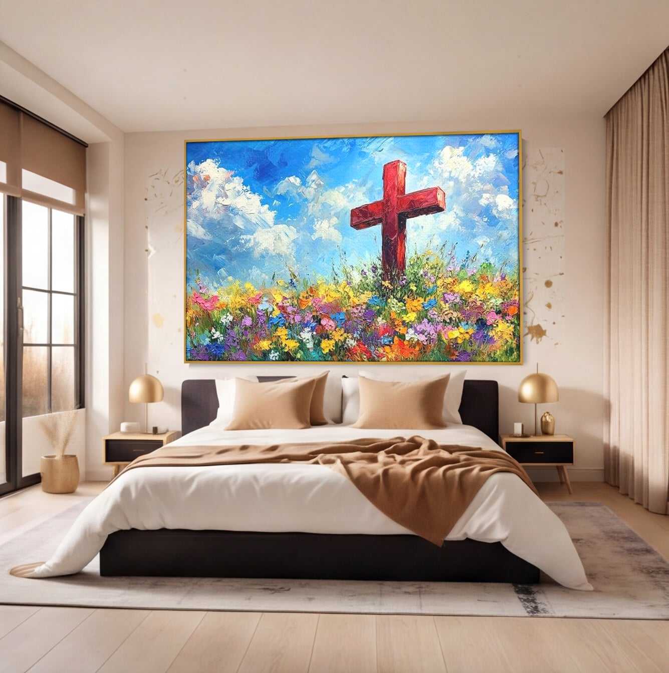 Tablou Canvas Premium LuxCanva® H1059, Gradina Raiului, Credinta, Cruce, Flori, Gradina, Lumina, Rasarit, Speranta, Puritate, Spiritualitate, Simbol Sacru, Living, Dormitor