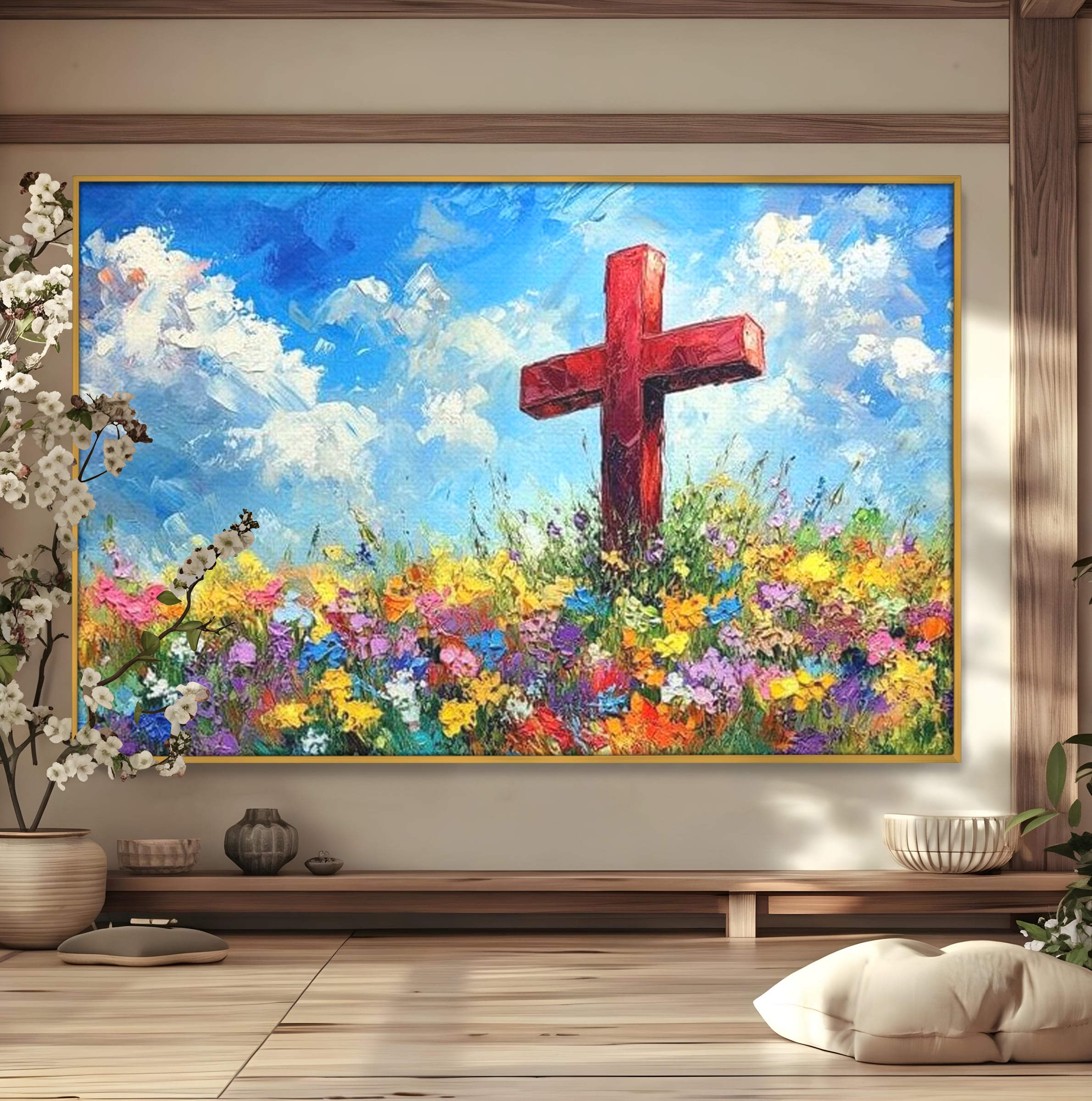 Tablou Canvas Premium LuxCanva® H1059, Gradina Raiului, Credinta, Cruce, Flori, Gradina, Lumina, Rasarit, Speranta, Puritate, Spiritualitate, Simbol Sacru, Living, Dormitor