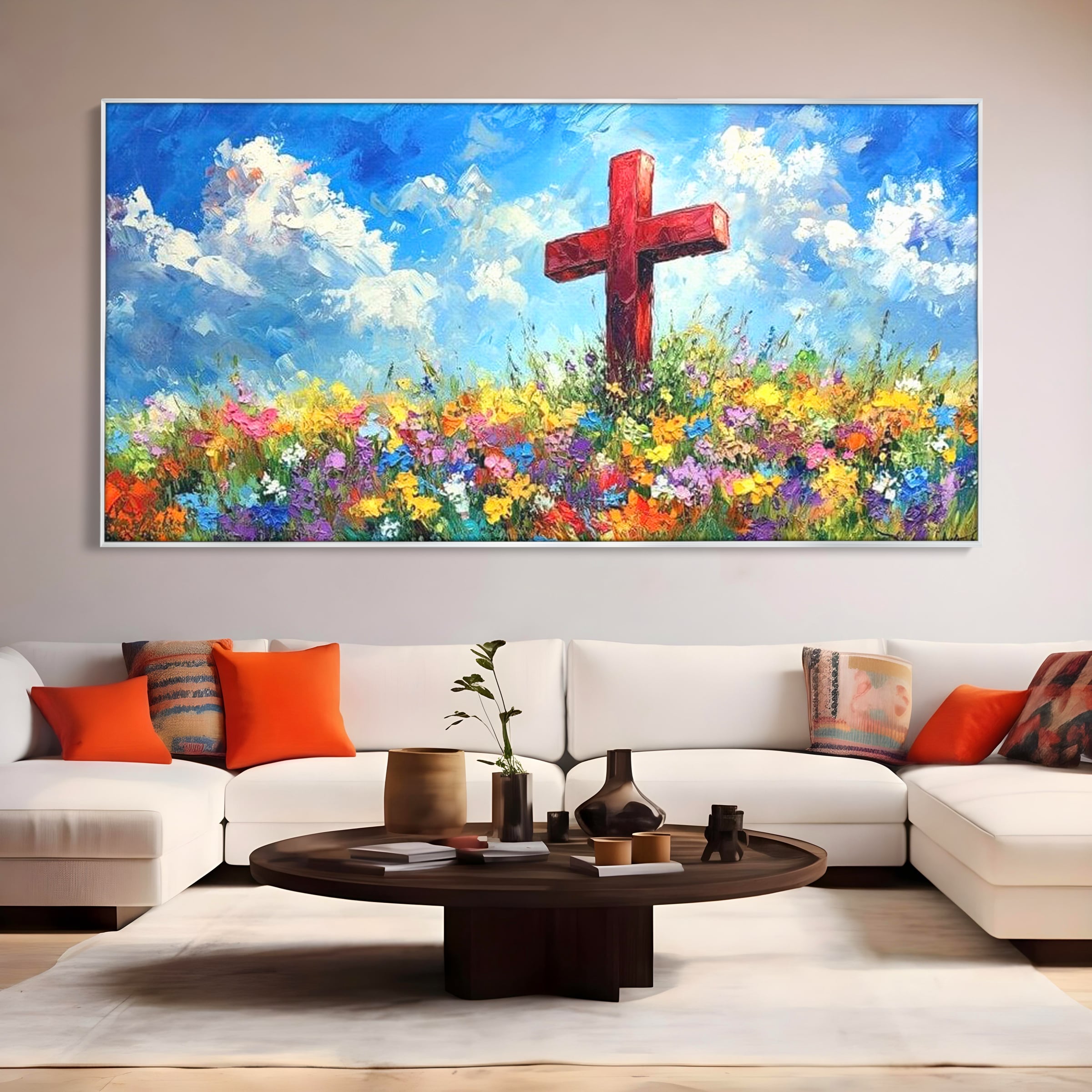 Tablou Canvas Premium LuxCanva® H1059, Gradina Raiului, Credinta, Cruce, Flori, Gradina, Lumina, Rasarit, Speranta, Puritate, Spiritualitate, Simbol Sacru, Living, Dormitor