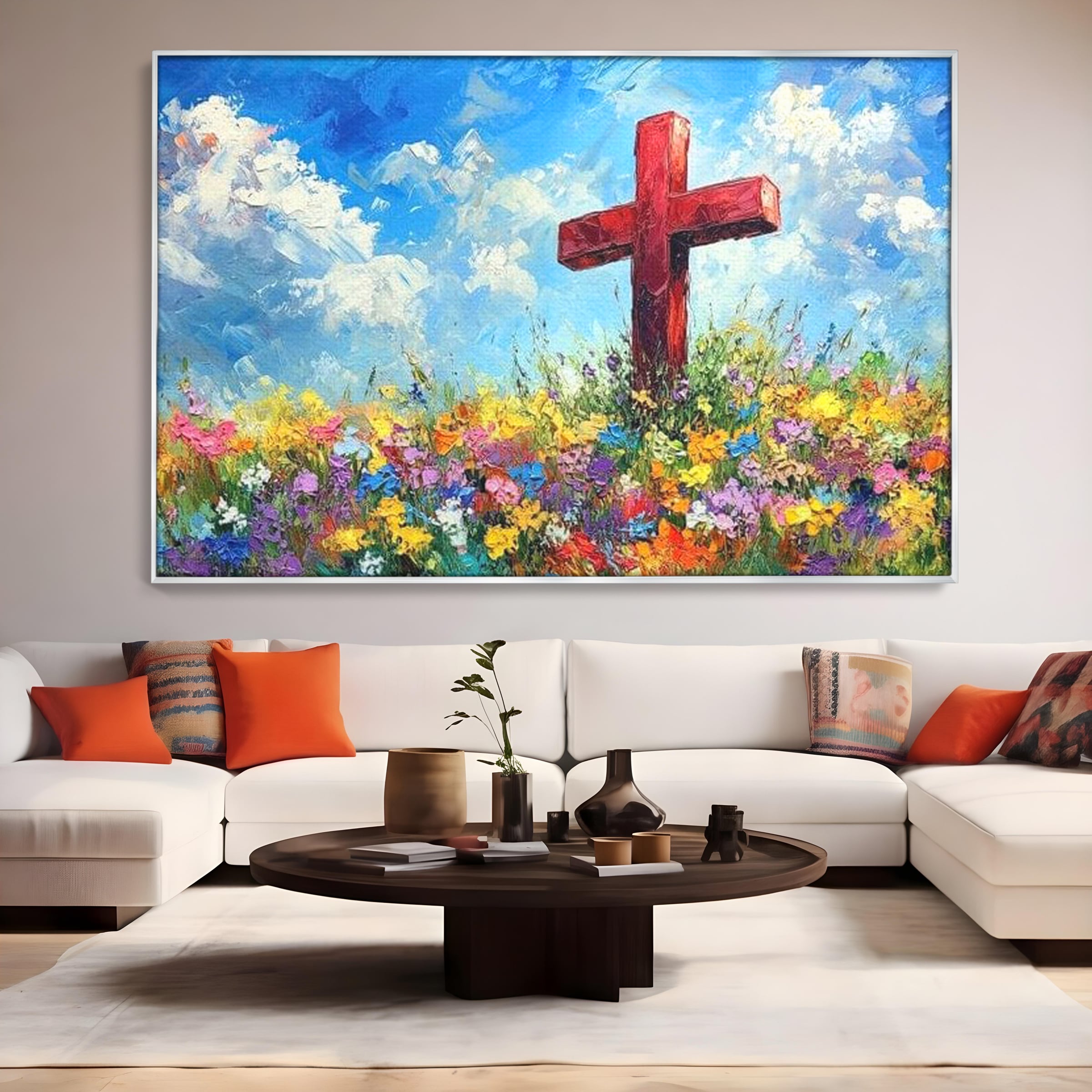 Tablou Canvas Premium LuxCanva® H1059, Gradina Raiului, Credinta, Cruce, Flori, Gradina, Lumina, Rasarit, Speranta, Puritate, Spiritualitate, Simbol Sacru, Living, Dormitor