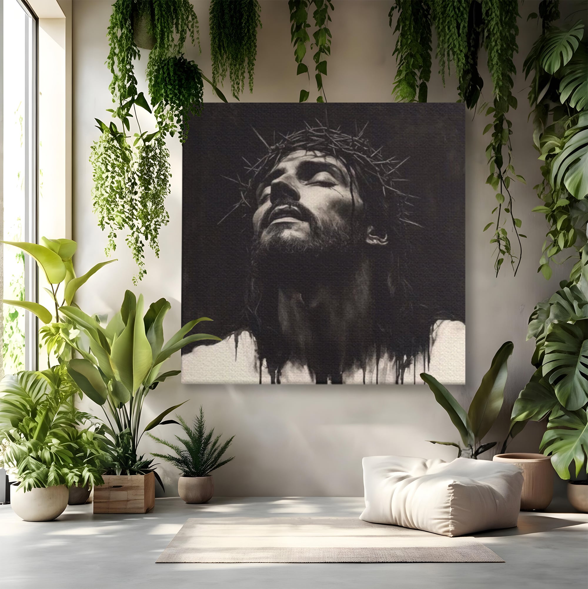Tablou Canvas Premium LuxCanva® H1060, Ecoul Sacrificiului, Iisus, Credinta, Sacrificiu, Lumina, Intuneric, Inspiratie, Coroana de Spini, Arta Religioasa, Living, Dormitor