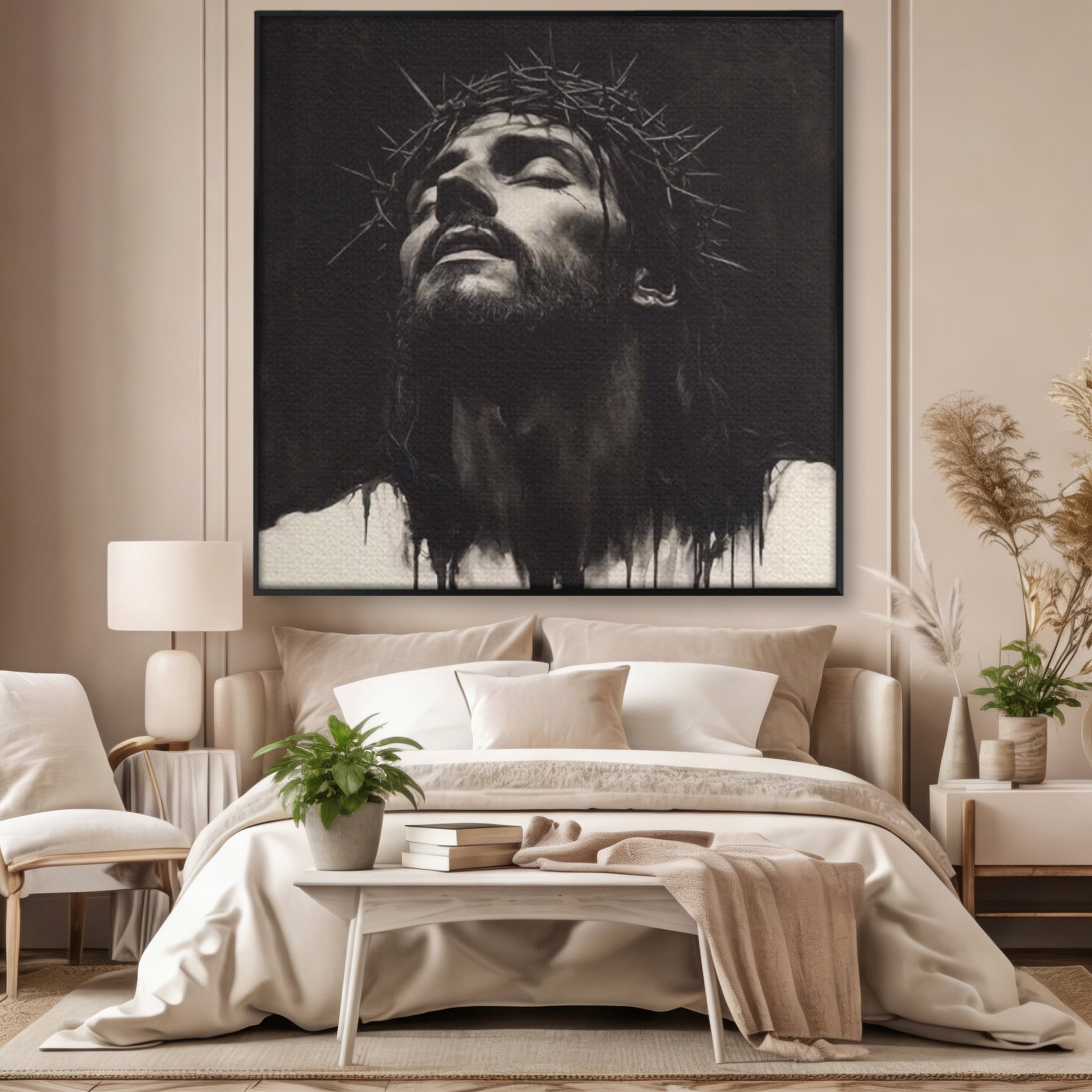 Tablou Canvas Premium LuxCanva® H1060, Ecoul Sacrificiului, Iisus, Credinta, Sacrificiu, Lumina, Intuneric, Inspiratie, Coroana de Spini, Arta Religioasa, Living, Dormitor