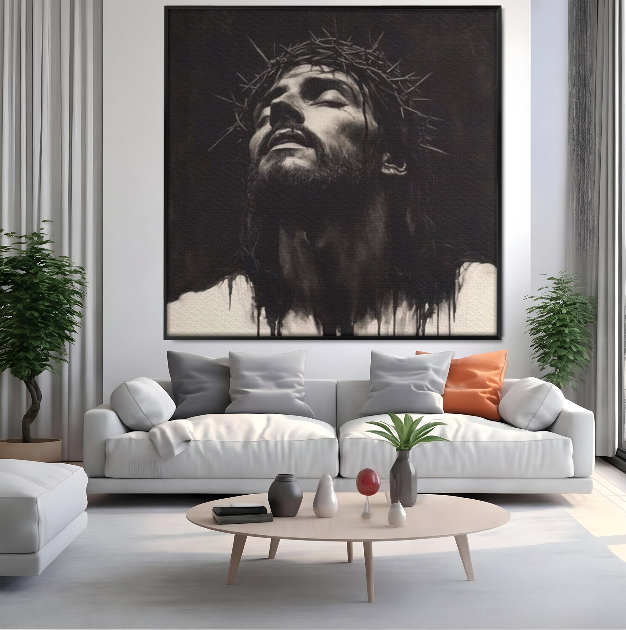 Tablou Canvas Premium LuxCanva® H1060, Ecoul Sacrificiului, Iisus, Credinta, Sacrificiu, Lumina, Intuneric, Inspiratie, Coroana de Spini, Arta Religioasa, Living, Dormitor