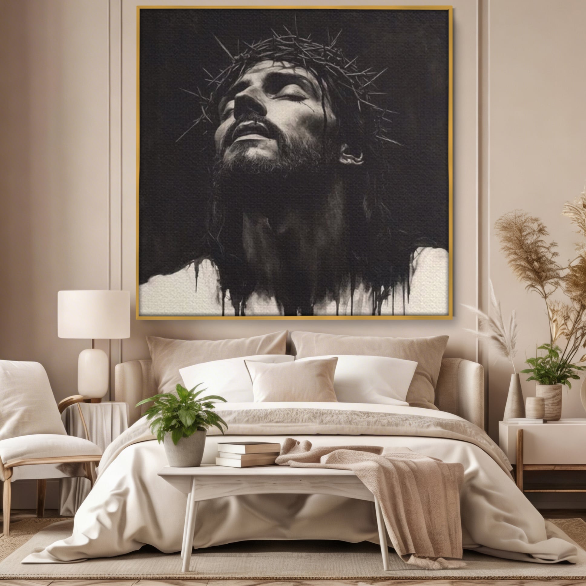 Tablou Canvas Premium LuxCanva® H1060, Ecoul Sacrificiului, Iisus, Credinta, Sacrificiu, Lumina, Intuneric, Inspiratie, Coroana de Spini, Arta Religioasa, Living, Dormitor