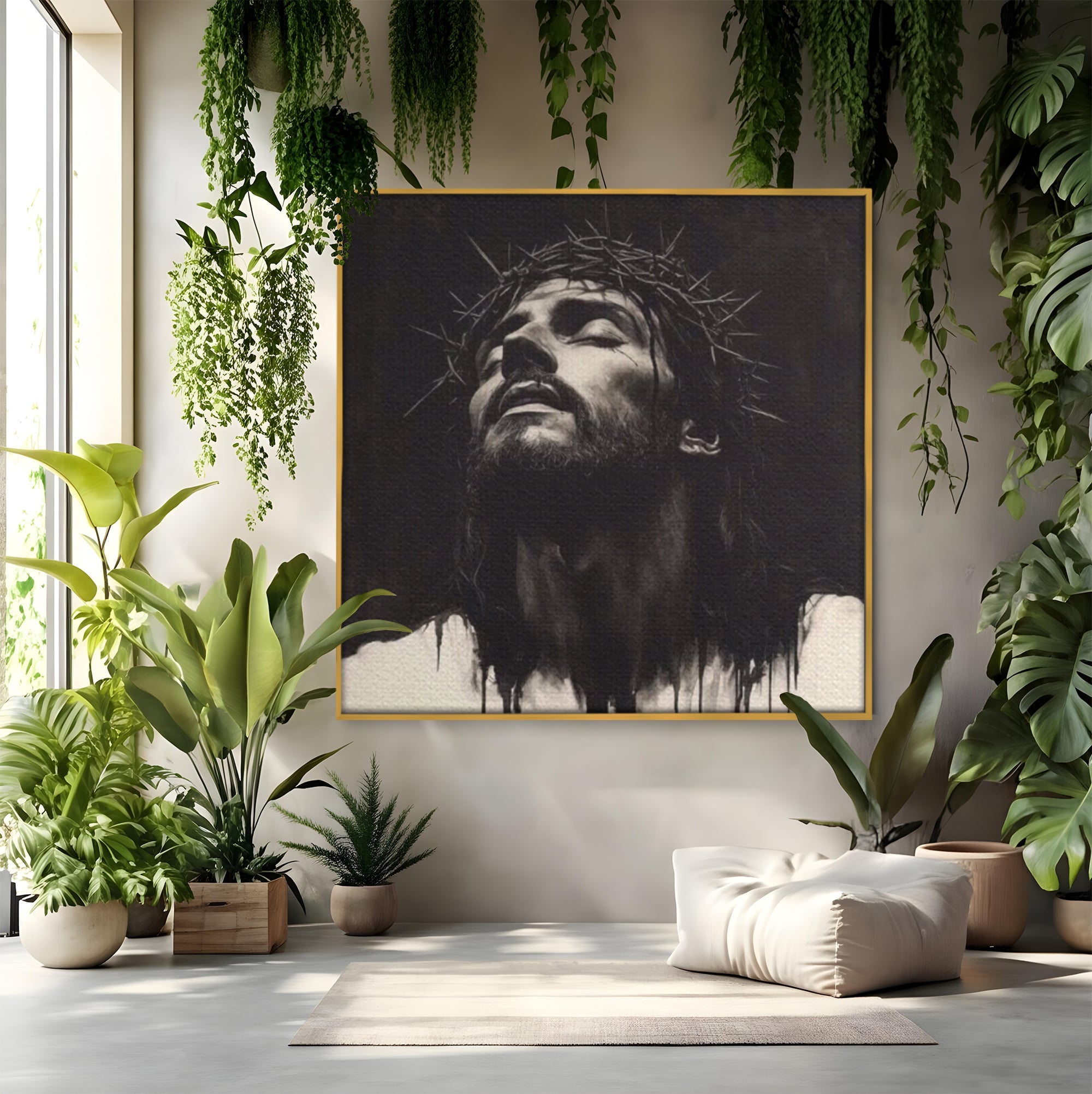 Tablou Canvas Premium LuxCanva® H1060, Ecoul Sacrificiului, Iisus, Credinta, Sacrificiu, Lumina, Intuneric, Inspiratie, Coroana de Spini, Arta Religioasa, Living, Dormitor