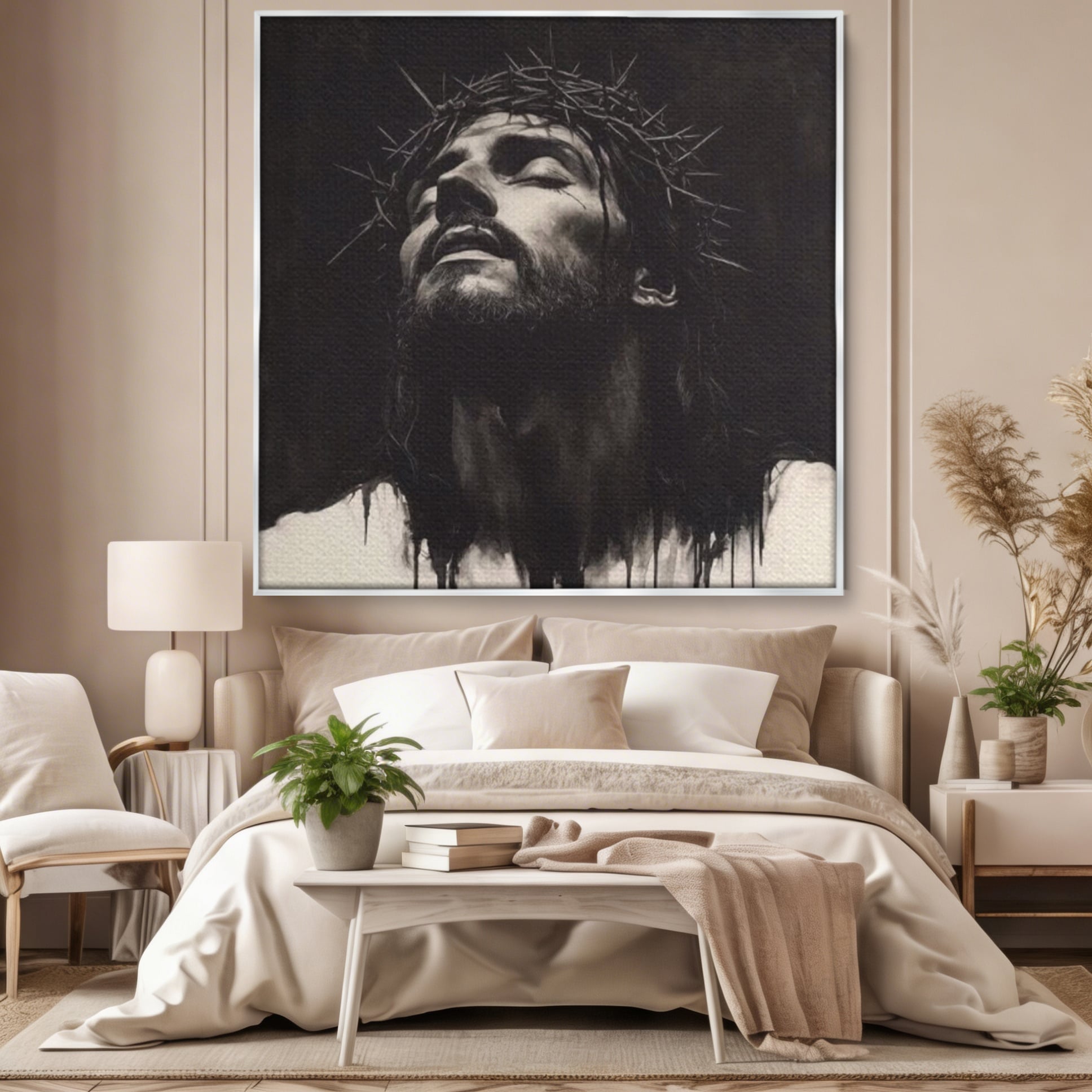 Tablou Canvas Premium LuxCanva® H1060, Ecoul Sacrificiului, Iisus, Credinta, Sacrificiu, Lumina, Intuneric, Inspiratie, Coroana de Spini, Arta Religioasa, Living, Dormitor