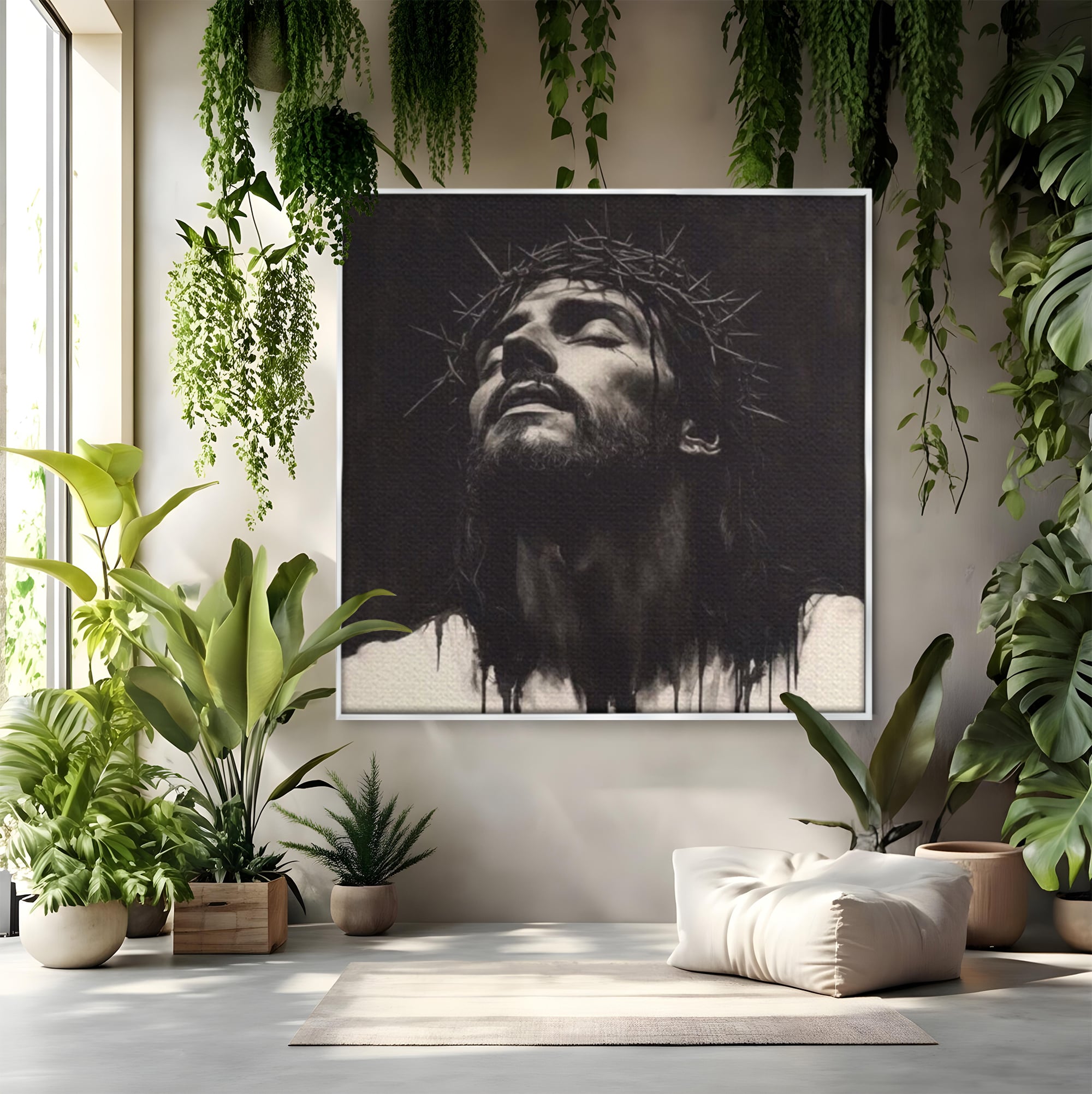 Tablou Canvas Premium LuxCanva® H1060, Ecoul Sacrificiului, Iisus, Credinta, Sacrificiu, Lumina, Intuneric, Inspiratie, Coroana de Spini, Arta Religioasa, Living, Dormitor