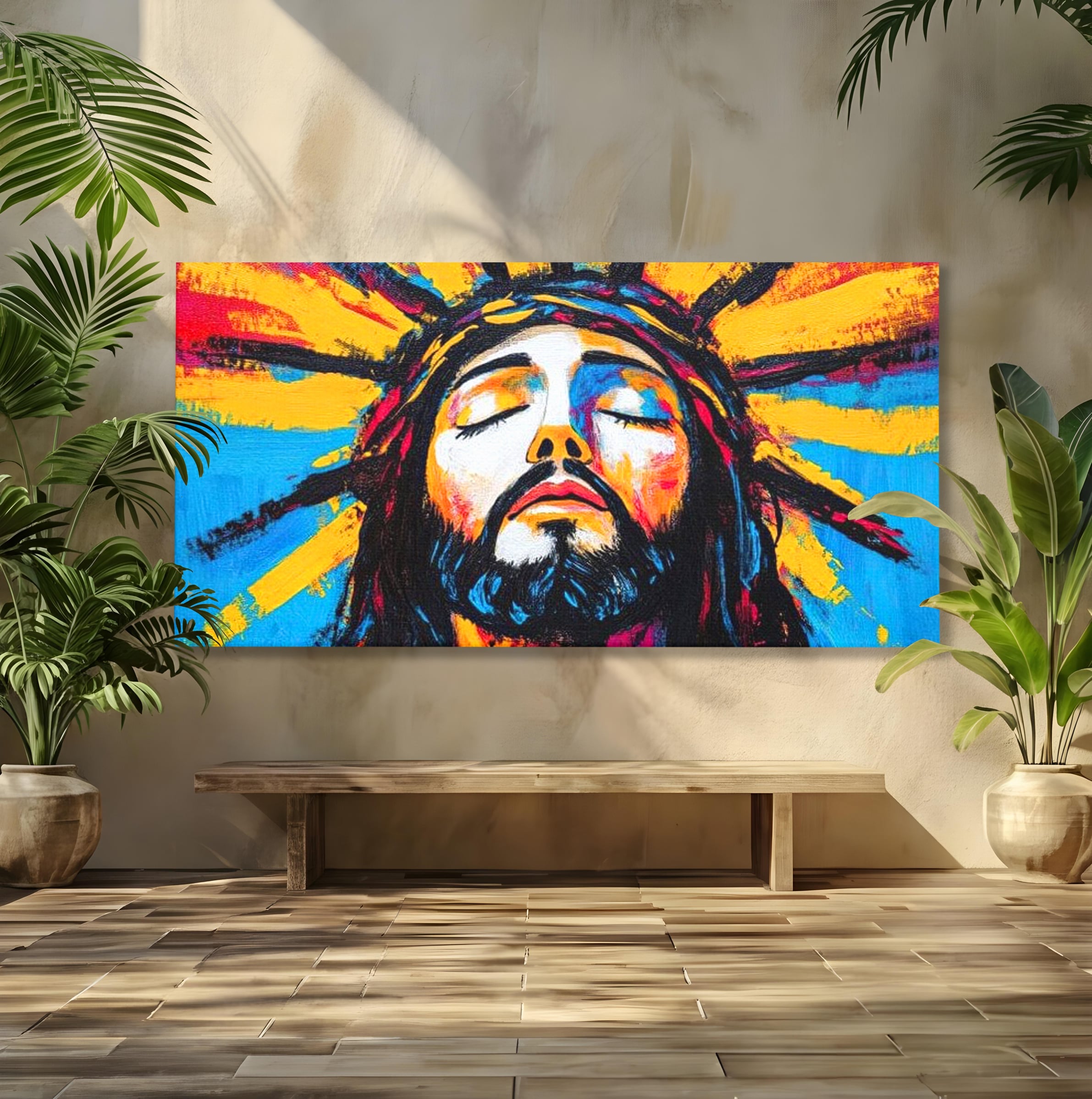 Tablou Canvas Premium LuxCanva® H1062, Sacrificiu Etern, Iisus, Contemplare, Pace Interioara, Coroana de Spini, Cer, Chip, Arta Religioasa Moderna, Living, Dormitor