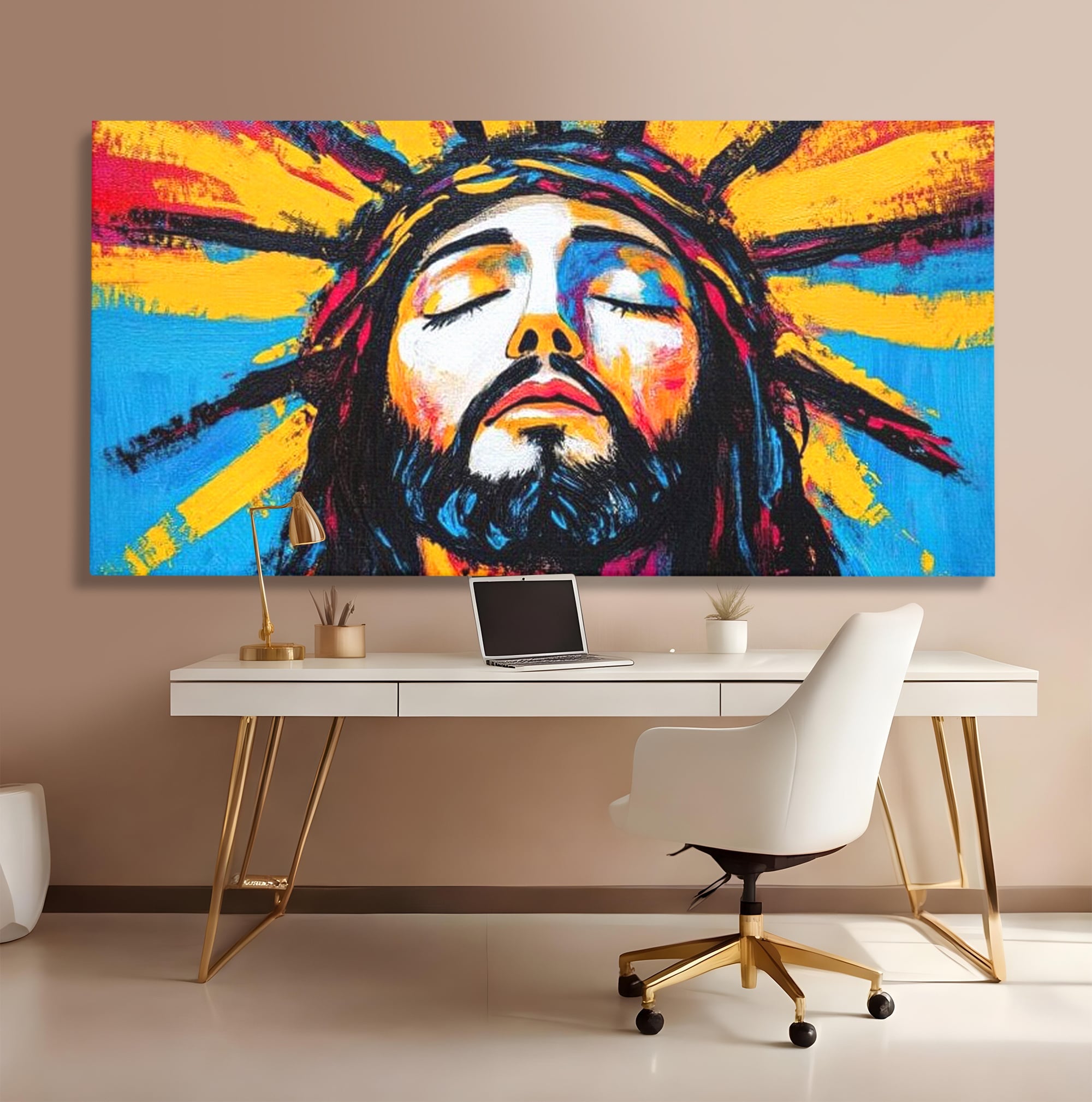 Tablou Canvas Premium LuxCanva® H1062, Sacrificiu Etern, Iisus, Contemplare, Pace Interioara, Coroana de Spini, Cer, Chip, Arta Religioasa Moderna, Living, Dormitor