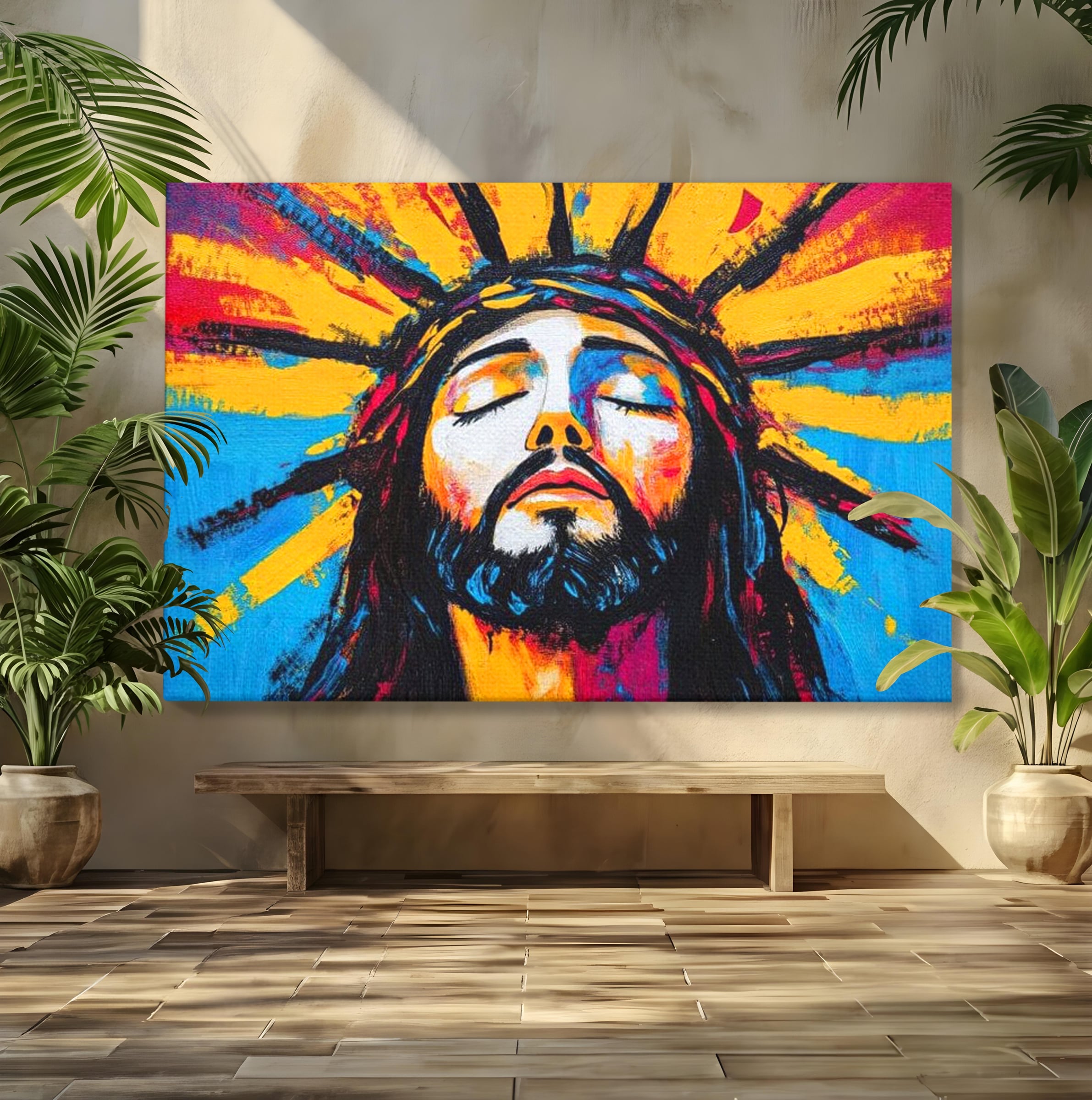 Tablou Canvas Premium LuxCanva® H1062, Sacrificiu Etern, Iisus, Contemplare, Pace Interioara, Coroana de Spini, Cer, Chip, Arta Religioasa Moderna, Living, Dormitor