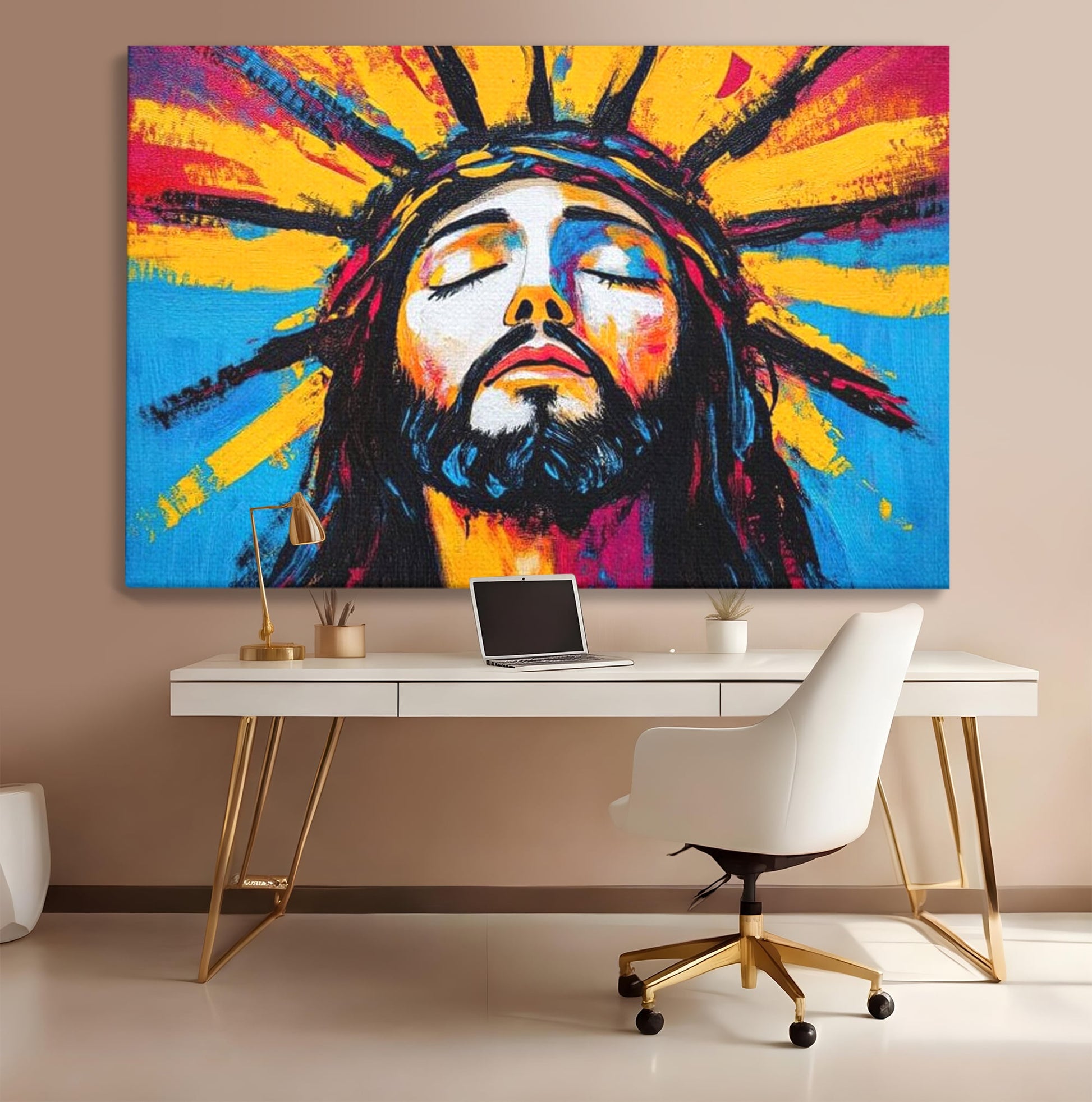 Tablou Canvas Premium LuxCanva® H1062, Sacrificiu Etern, Iisus, Contemplare, Pace Interioara, Coroana de Spini, Cer, Chip, Arta Religioasa Moderna, Living, Dormitor