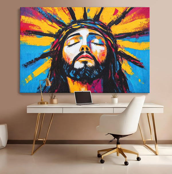 Tablou Canvas Premium LuxCanva® H1062, Sacrificiu Etern, Iisus, Contemplare, Pace Interioara, Coroana de Spini, Cer, Chip, Arta Religioasa Moderna, Living, Dormitor