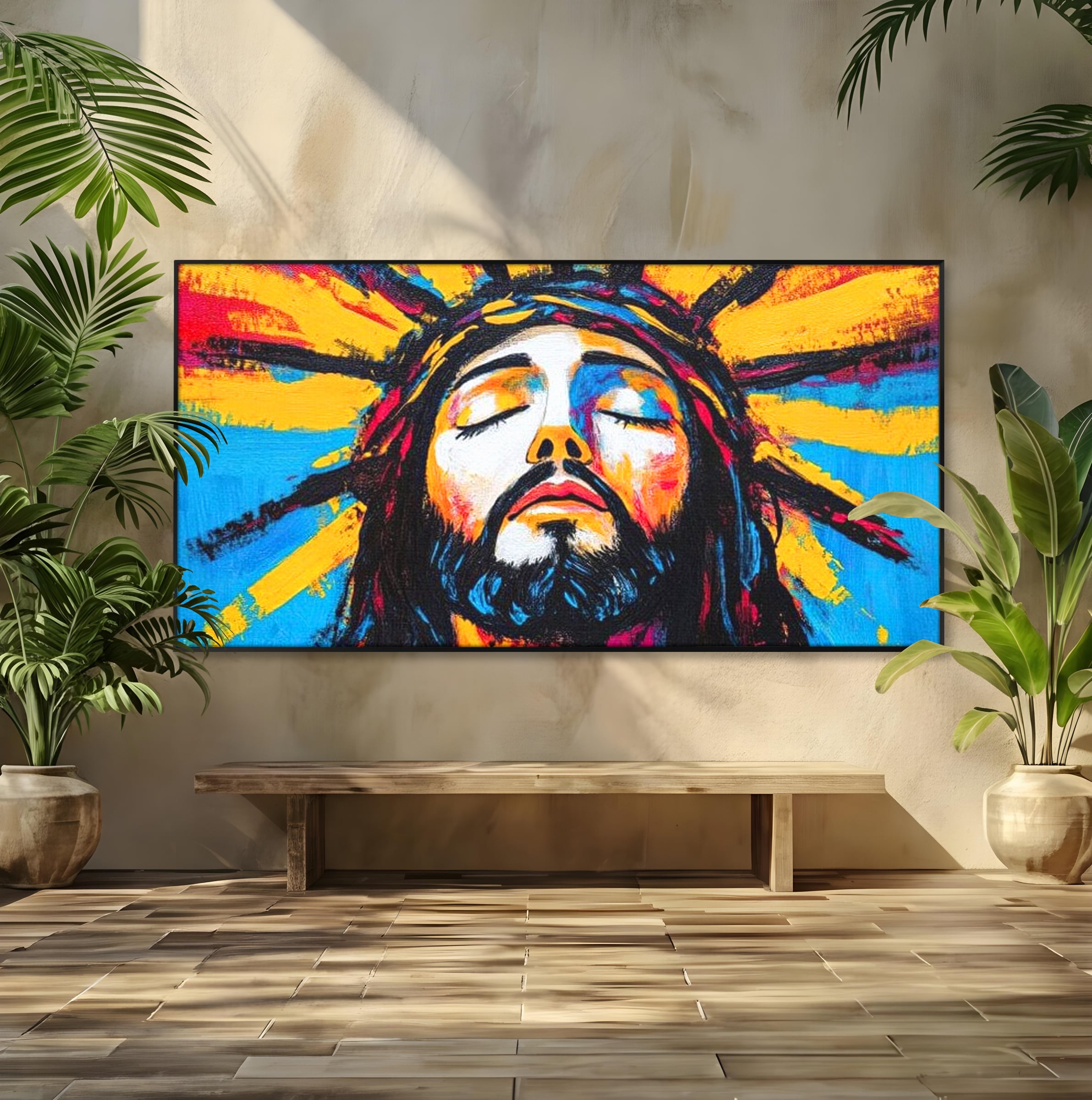 Tablou Canvas Premium LuxCanva® H1062, Sacrificiu Etern, Iisus, Contemplare, Pace Interioara, Coroana de Spini, Cer, Chip, Arta Religioasa Moderna, Living, Dormitor