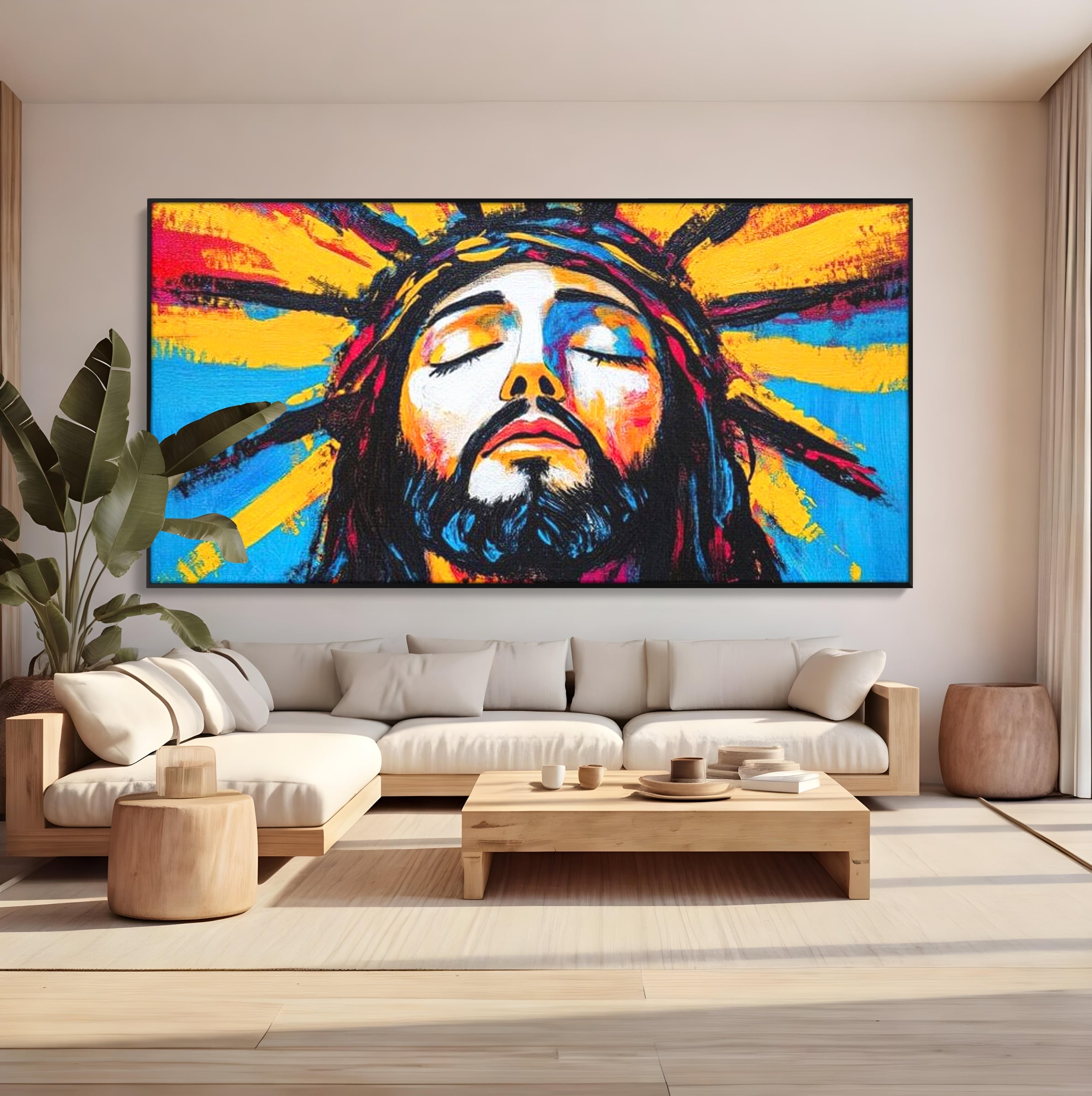 Tablou Canvas Premium LuxCanva® H1062, Sacrificiu Etern, Iisus, Contemplare, Pace Interioara, Coroana de Spini, Cer, Chip, Arta Religioasa Moderna, Living, Dormitor