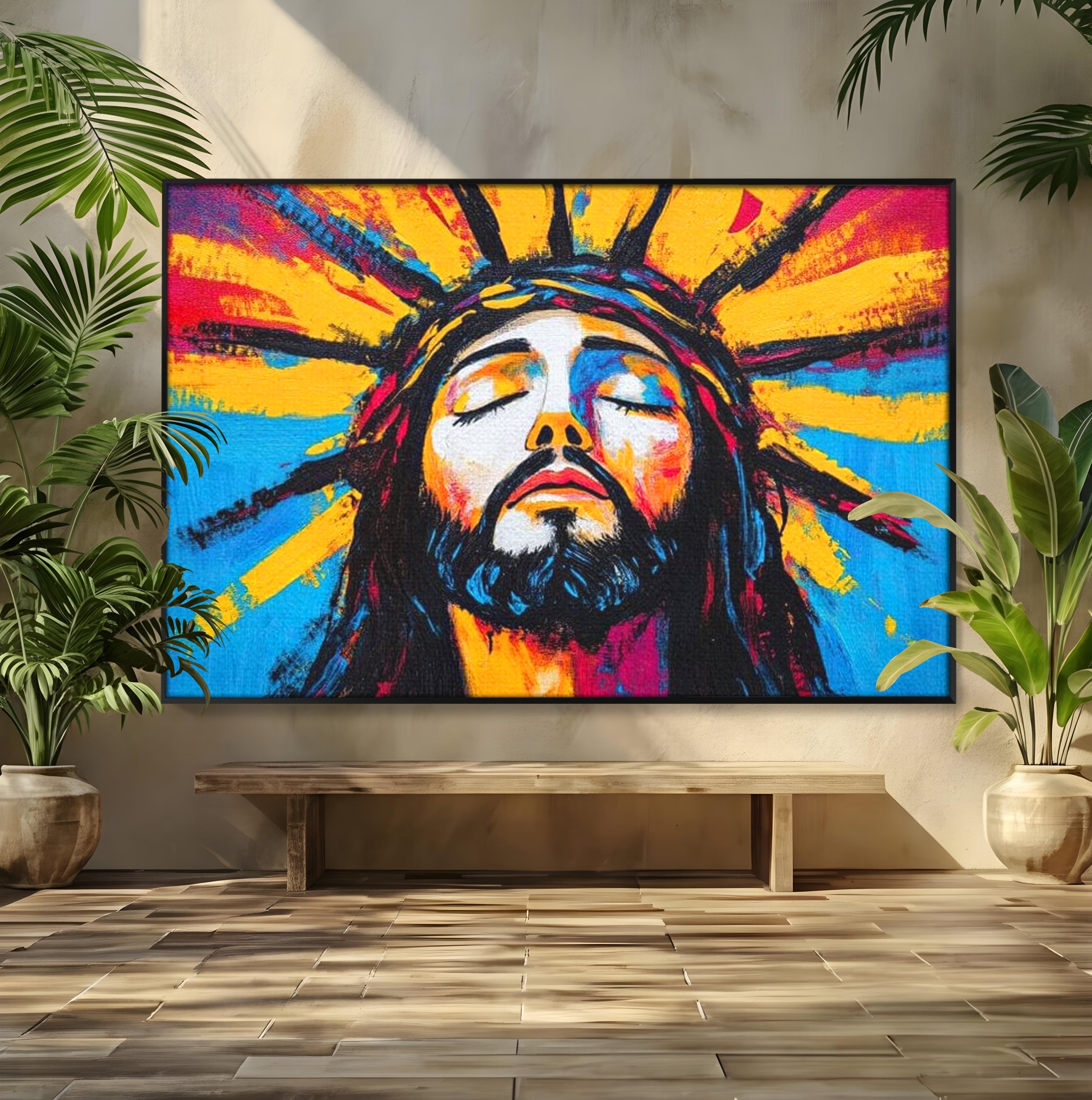 Tablou Canvas Premium LuxCanva® H1062, Sacrificiu Etern, Iisus, Contemplare, Pace Interioara, Coroana de Spini, Cer, Chip, Arta Religioasa Moderna, Living, Dormitor