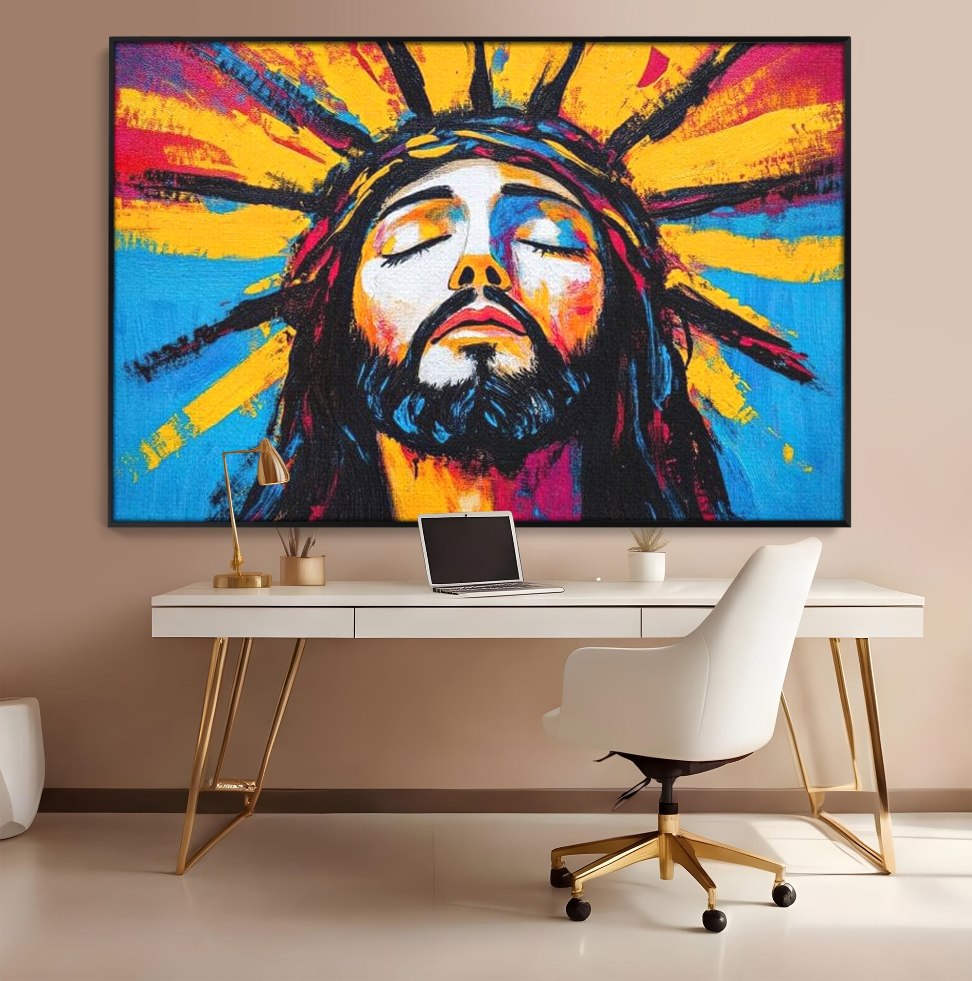 Tablou Canvas Premium LuxCanva® H1062, Sacrificiu Etern, Iisus, Contemplare, Pace Interioara, Coroana de Spini, Cer, Chip, Arta Religioasa Moderna, Living, Dormitor