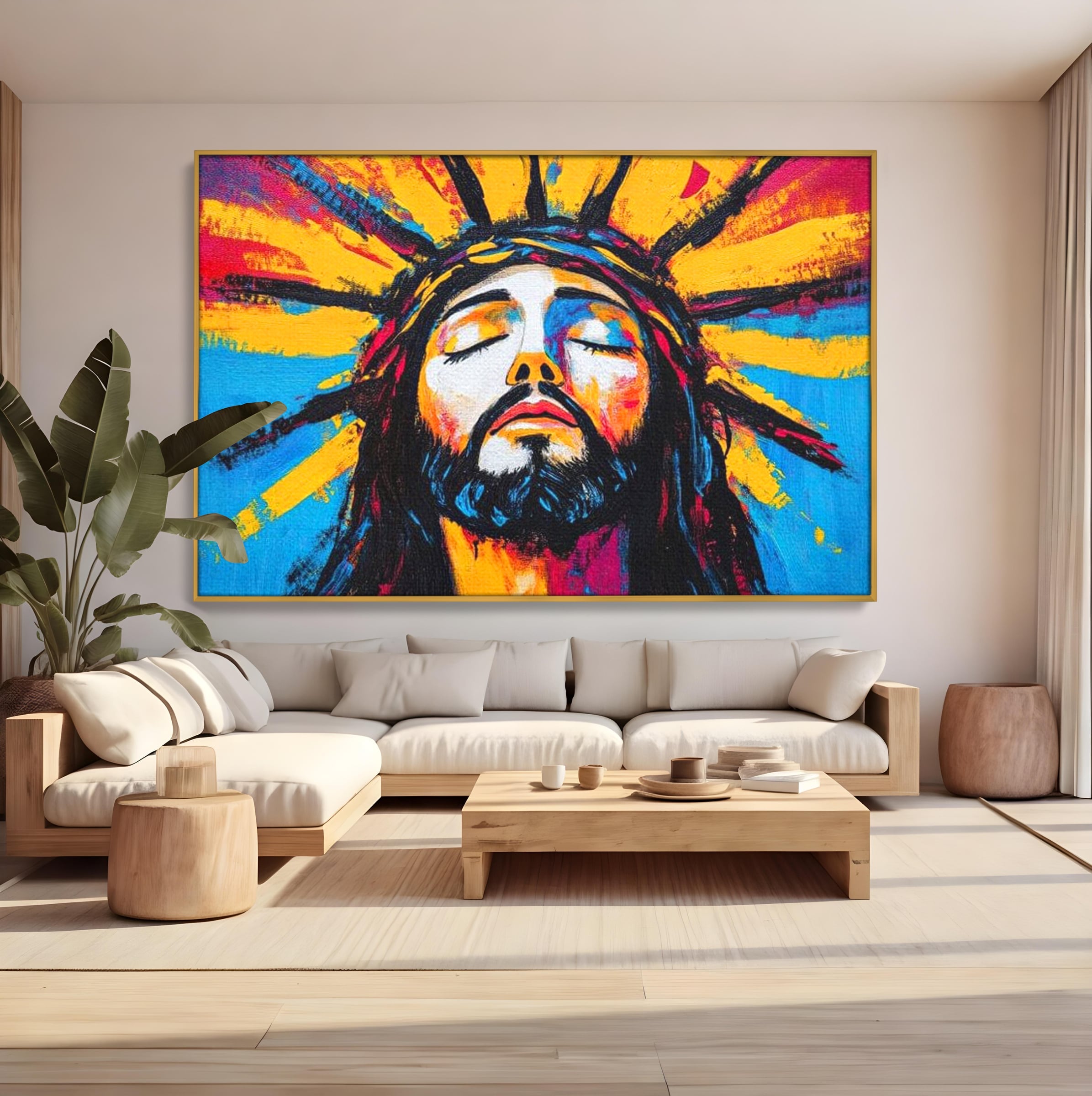 Tablou Canvas Premium LuxCanva® H1062, Sacrificiu Etern, Iisus, Contemplare, Pace Interioara, Coroana de Spini, Cer, Chip, Arta Religioasa Moderna, Living, Dormitor