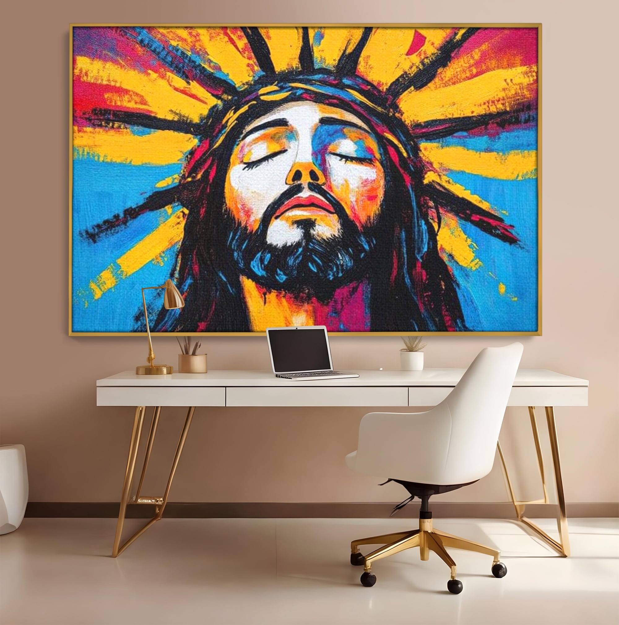 Tablou Canvas Premium LuxCanva® H1062, Sacrificiu Etern, Iisus, Contemplare, Pace Interioara, Coroana de Spini, Cer, Chip, Arta Religioasa Moderna, Living, Dormitor
