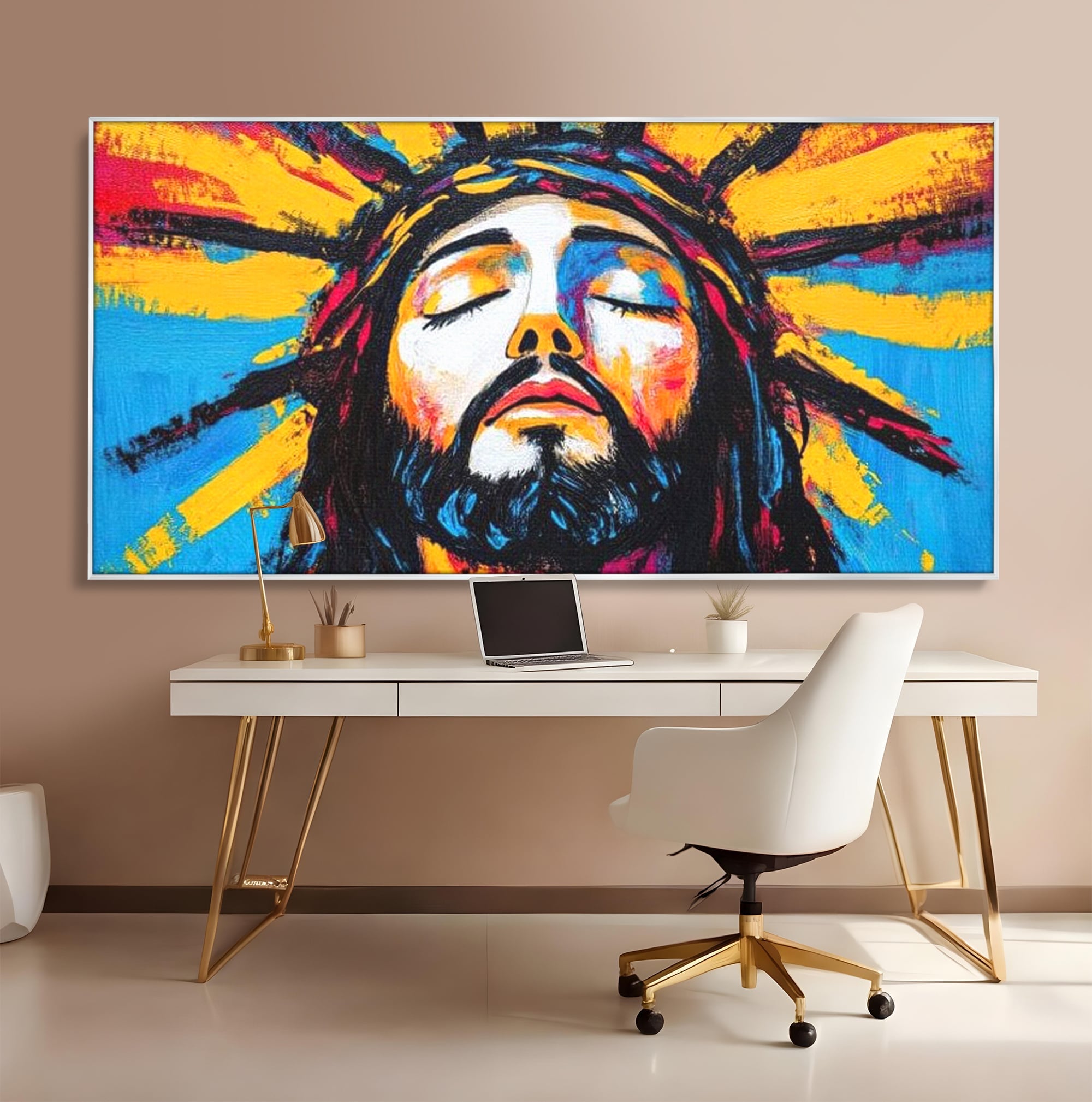 Tablou Canvas Premium LuxCanva® H1062, Sacrificiu Etern, Iisus, Contemplare, Pace Interioara, Coroana de Spini, Cer, Chip, Arta Religioasa Moderna, Living, Dormitor