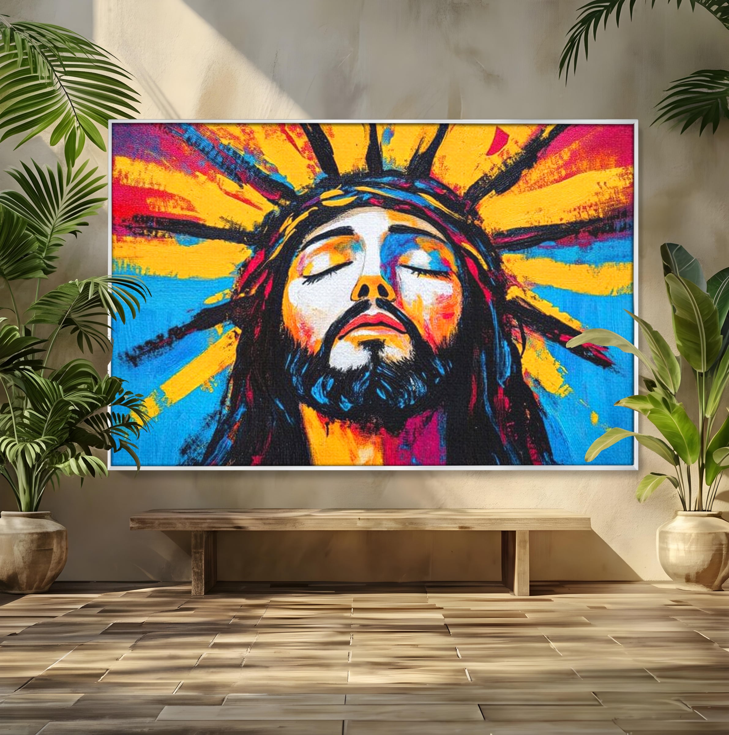 Tablou Canvas Premium LuxCanva® H1062, Sacrificiu Etern, Iisus, Contemplare, Pace Interioara, Coroana de Spini, Cer, Chip, Arta Religioasa Moderna, Living, Dormitor