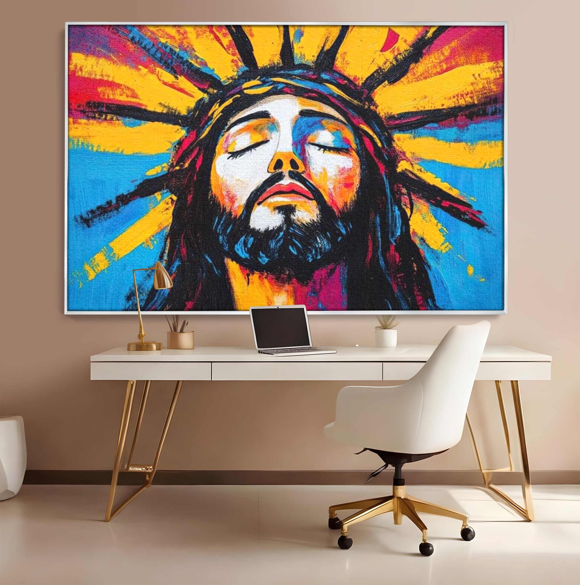 Tablou Canvas Premium LuxCanva® H1062, Sacrificiu Etern, Iisus, Contemplare, Pace Interioara, Coroana de Spini, Cer, Chip, Arta Religioasa Moderna, Living, Dormitor