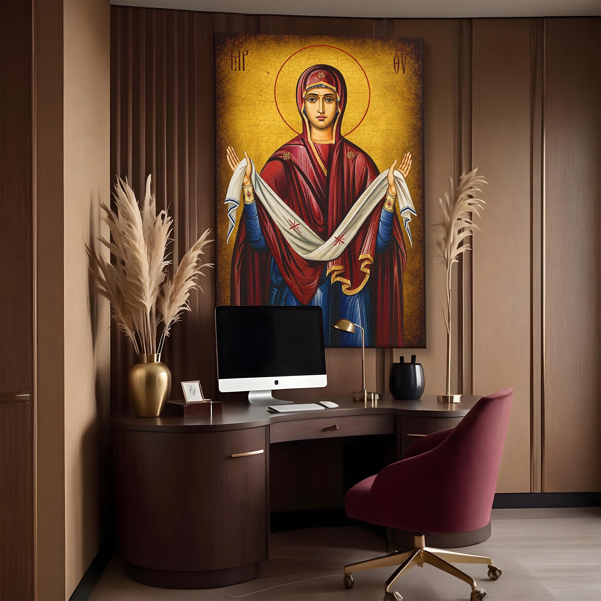 Tablou Canvas Premium LuxCanva® H1063, Acoperamantul Maicii Domnului, Icoana, Religios, Spiritualitate, Credinta, Dormitor, Birou, Culori Vibrante