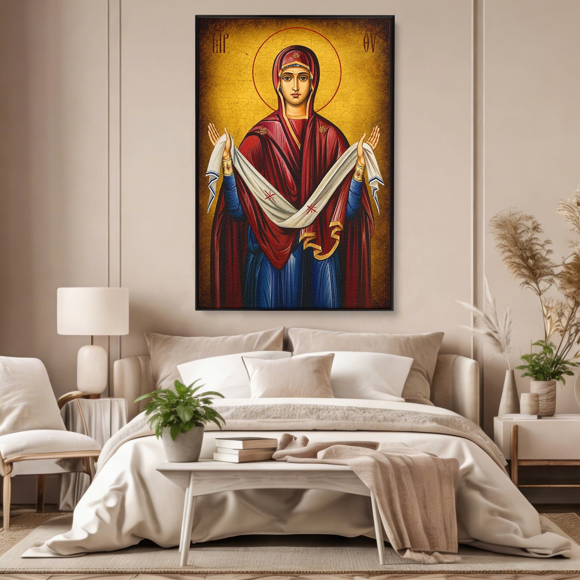 Tablou Canvas Premium LuxCanva® H1063, Acoperamantul Maicii Domnului, Icoana, Religios, Spiritualitate, Credinta, Dormitor, Birou, Culori Vibrante