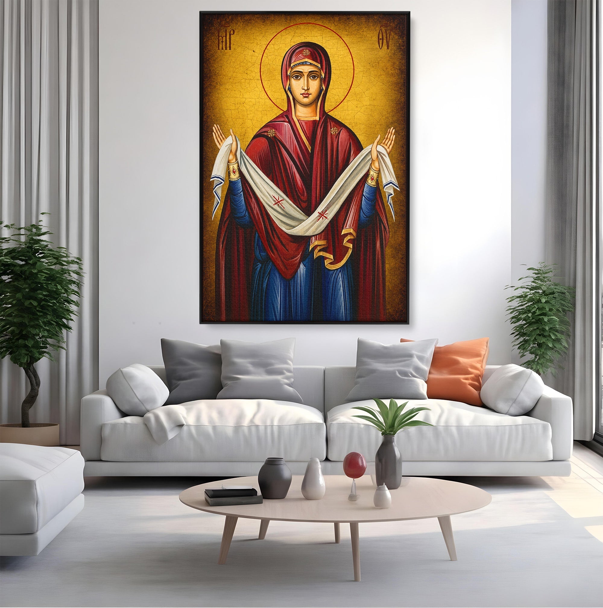 Tablou Canvas Premium LuxCanva® H1063, Acoperamantul Maicii Domnului, Icoana, Religios, Spiritualitate, Credinta, Dormitor, Birou, Culori Vibrante