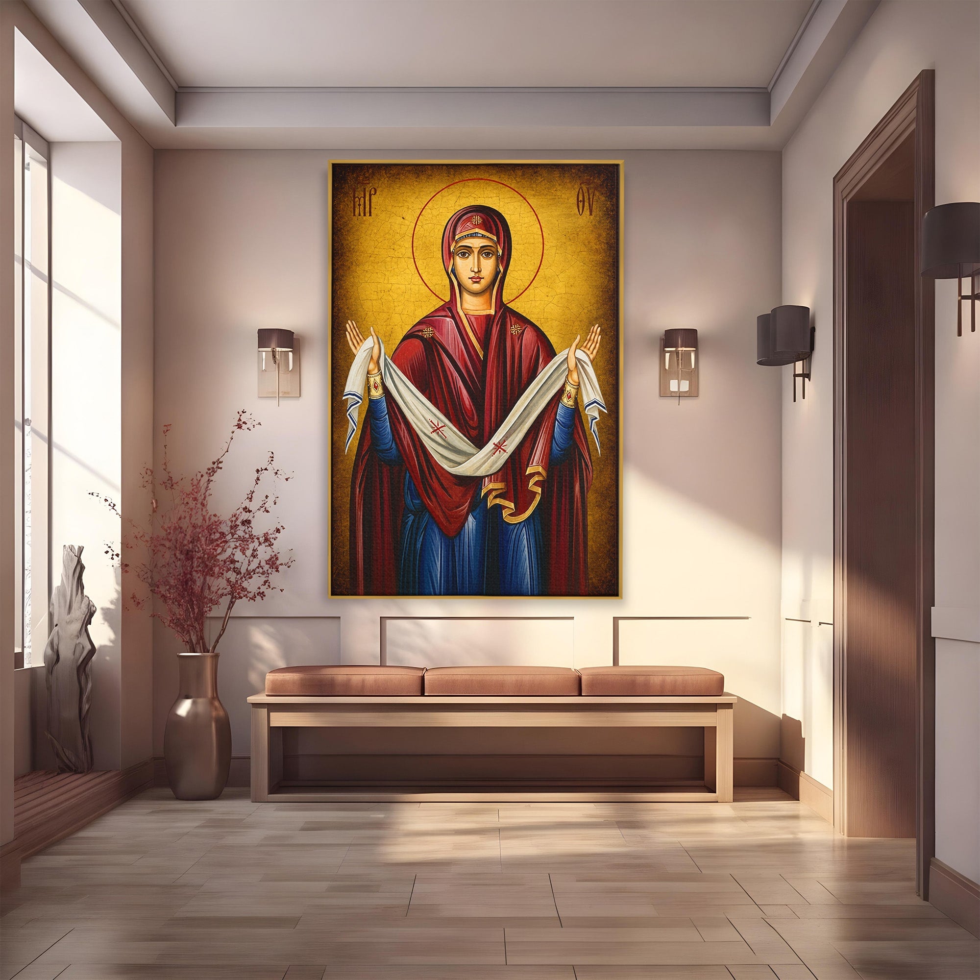 Tablou Canvas Premium LuxCanva® H1063, Acoperamantul Maicii Domnului, Icoana, Religios, Spiritualitate, Credinta, Dormitor, Birou, Culori Vibrante