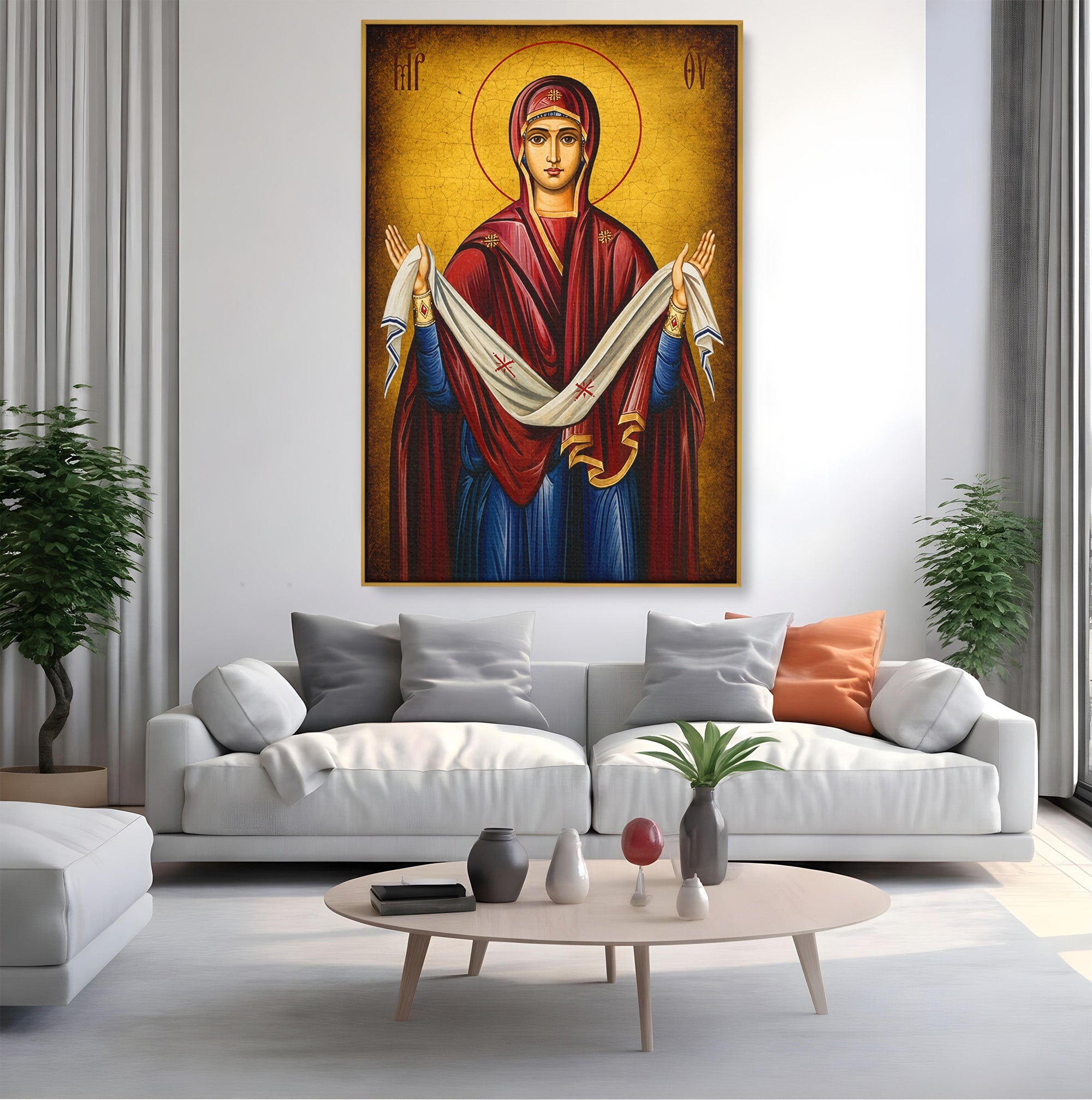 Tablou Canvas Premium LuxCanva® H1063, Acoperamantul Maicii Domnului, Icoana, Religios, Spiritualitate, Credinta, Dormitor, Birou, Culori Vibrante