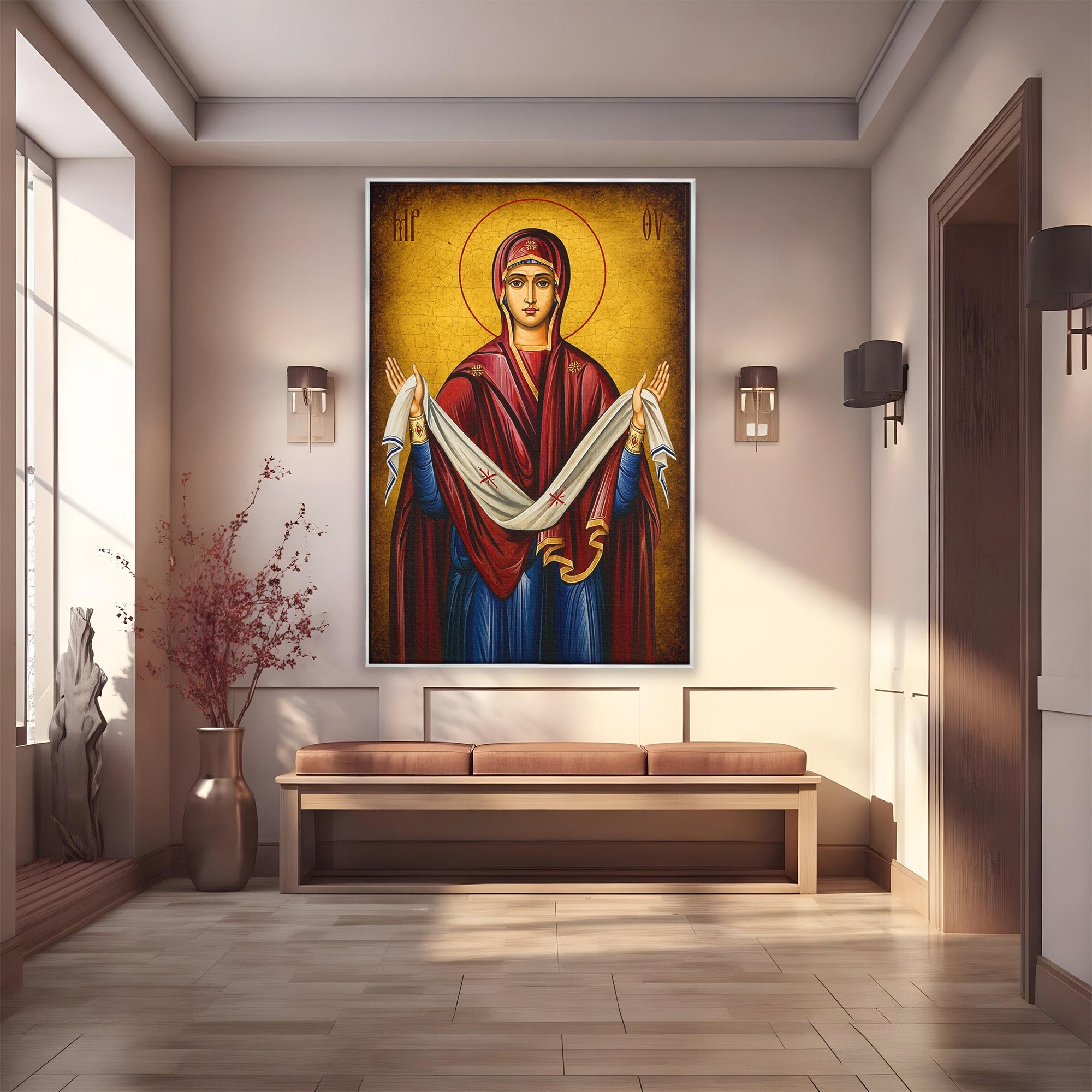 Tablou Canvas Premium LuxCanva® H1063, Acoperamantul Maicii Domnului, Icoana, Religios, Spiritualitate, Credinta, Dormitor, Birou, Culori Vibrante