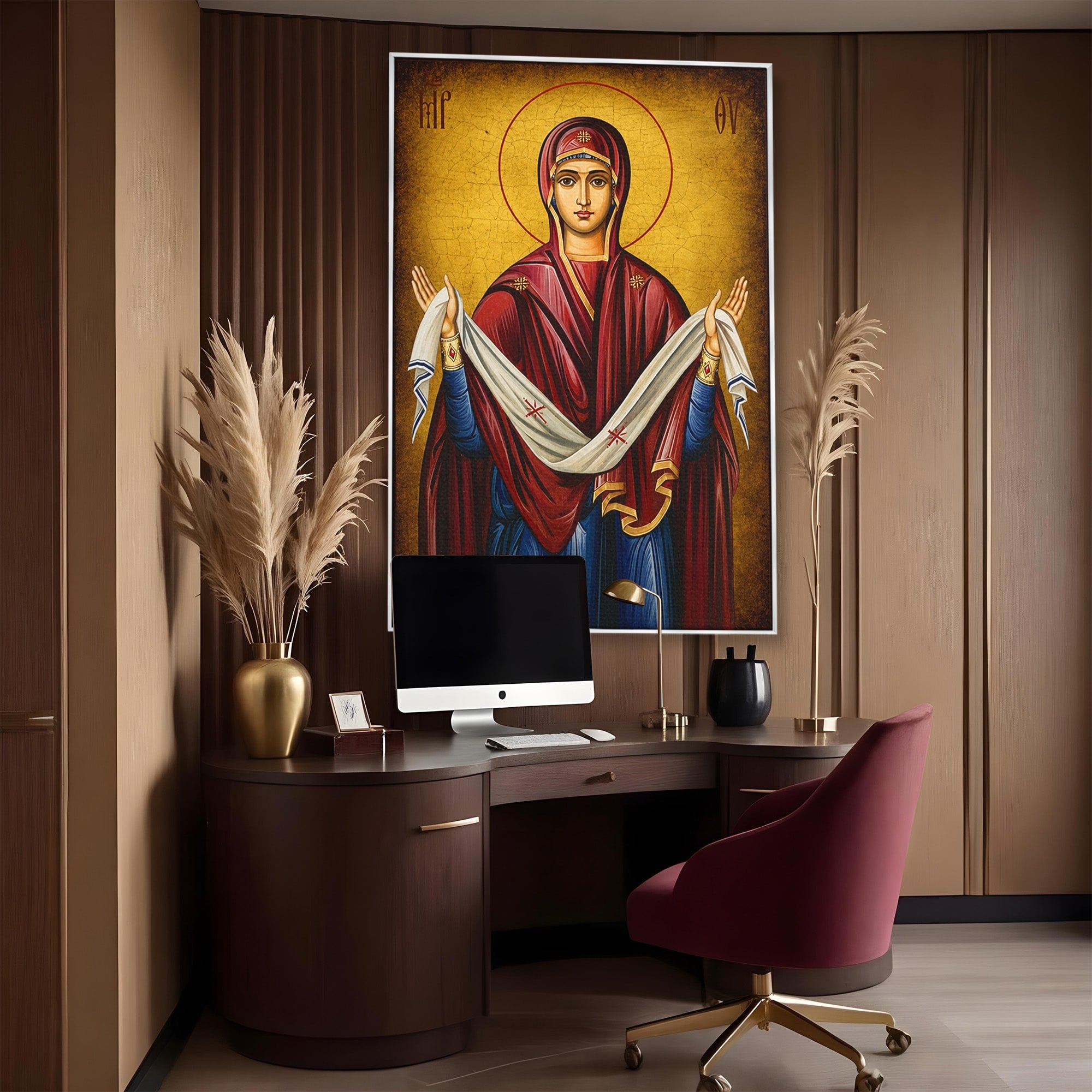Tablou Canvas Premium LuxCanva® H1063, Acoperamantul Maicii Domnului, Icoana, Religios, Spiritualitate, Credinta, Dormitor, Birou, Culori Vibrante