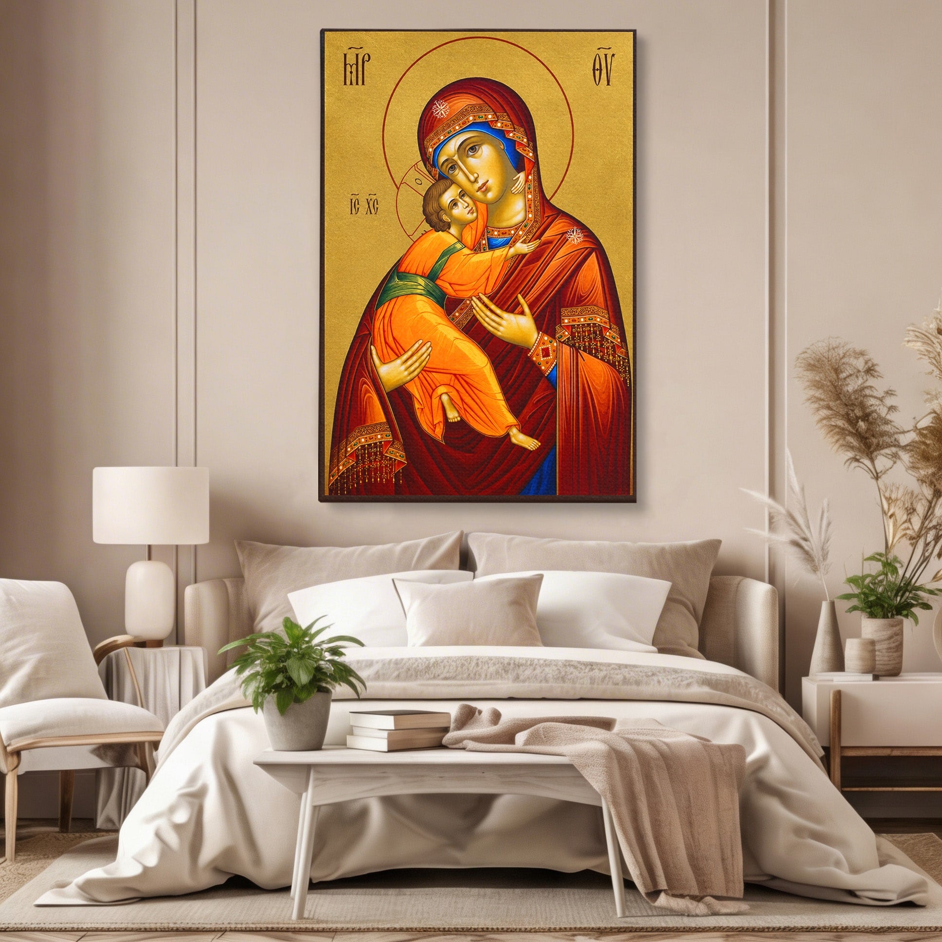 Tablou Canvas Premium LuxCanva® H1064, Maica Domnului Milostiva cu Pruncul, Icoana, Religie, Spiritualitate, Traditie, Dormitor, Birou, Culori Vibrante