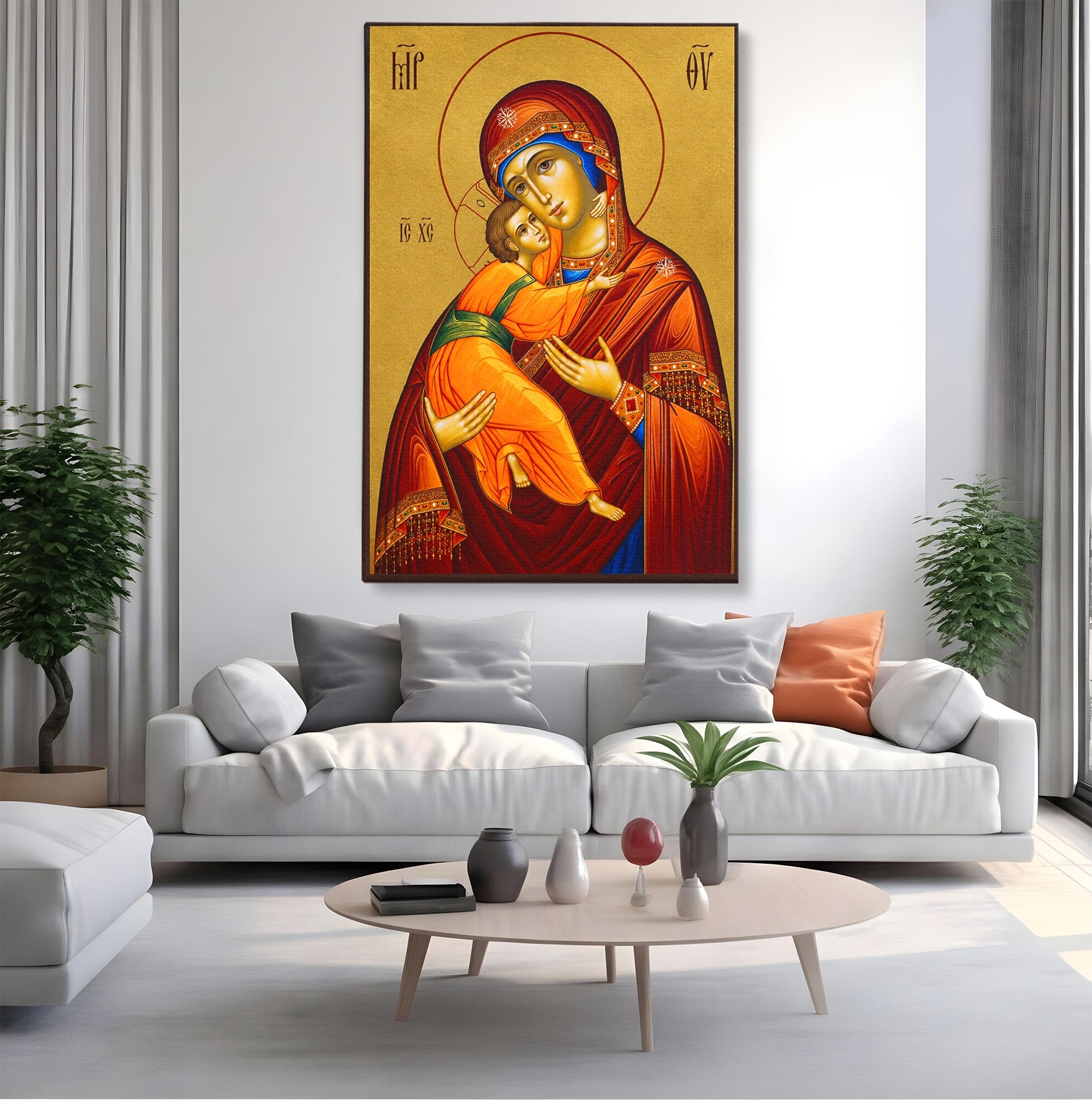 Tablou Canvas Premium LuxCanva® H1064, Maica Domnului Milostiva cu Pruncul, Icoana, Religie, Spiritualitate, Traditie, Dormitor, Birou, Culori Vibrante