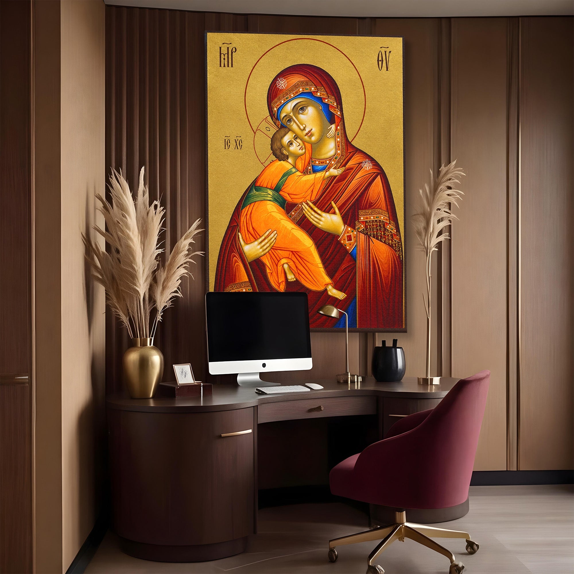 Tablou Canvas Premium LuxCanva® H1064, Maica Domnului Milostiva cu Pruncul, Icoana, Religie, Spiritualitate, Traditie, Dormitor, Birou, Culori Vibrante