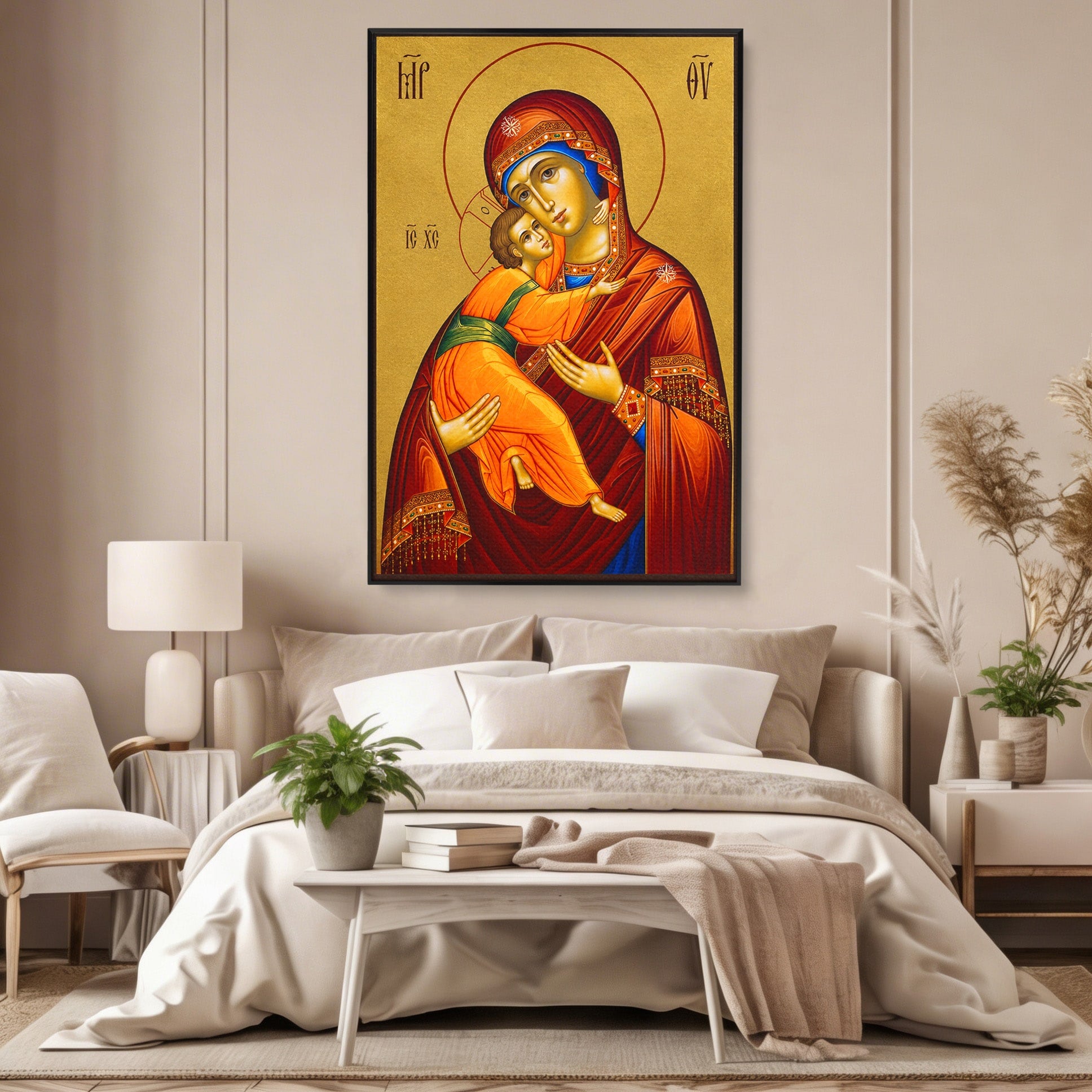 Tablou Canvas Premium LuxCanva® H1064, Maica Domnului Milostiva cu Pruncul, Icoana, Religie, Spiritualitate, Traditie, Dormitor, Birou, Culori Vibrante