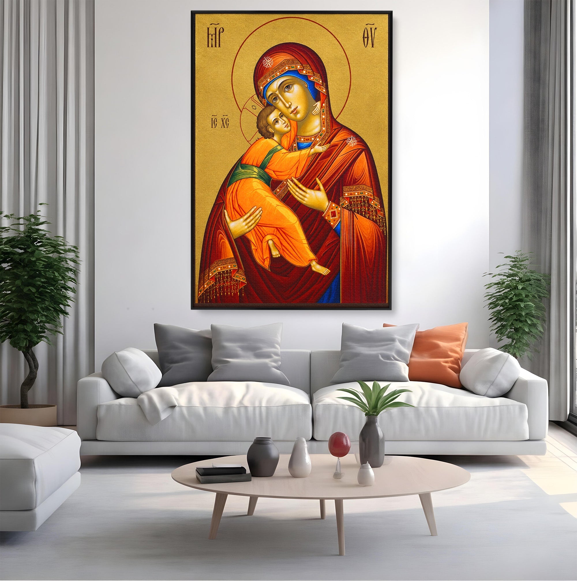 Tablou Canvas Premium LuxCanva® H1064, Maica Domnului Milostiva cu Pruncul, Icoana, Religie, Spiritualitate, Traditie, Dormitor, Birou, Culori Vibrante
