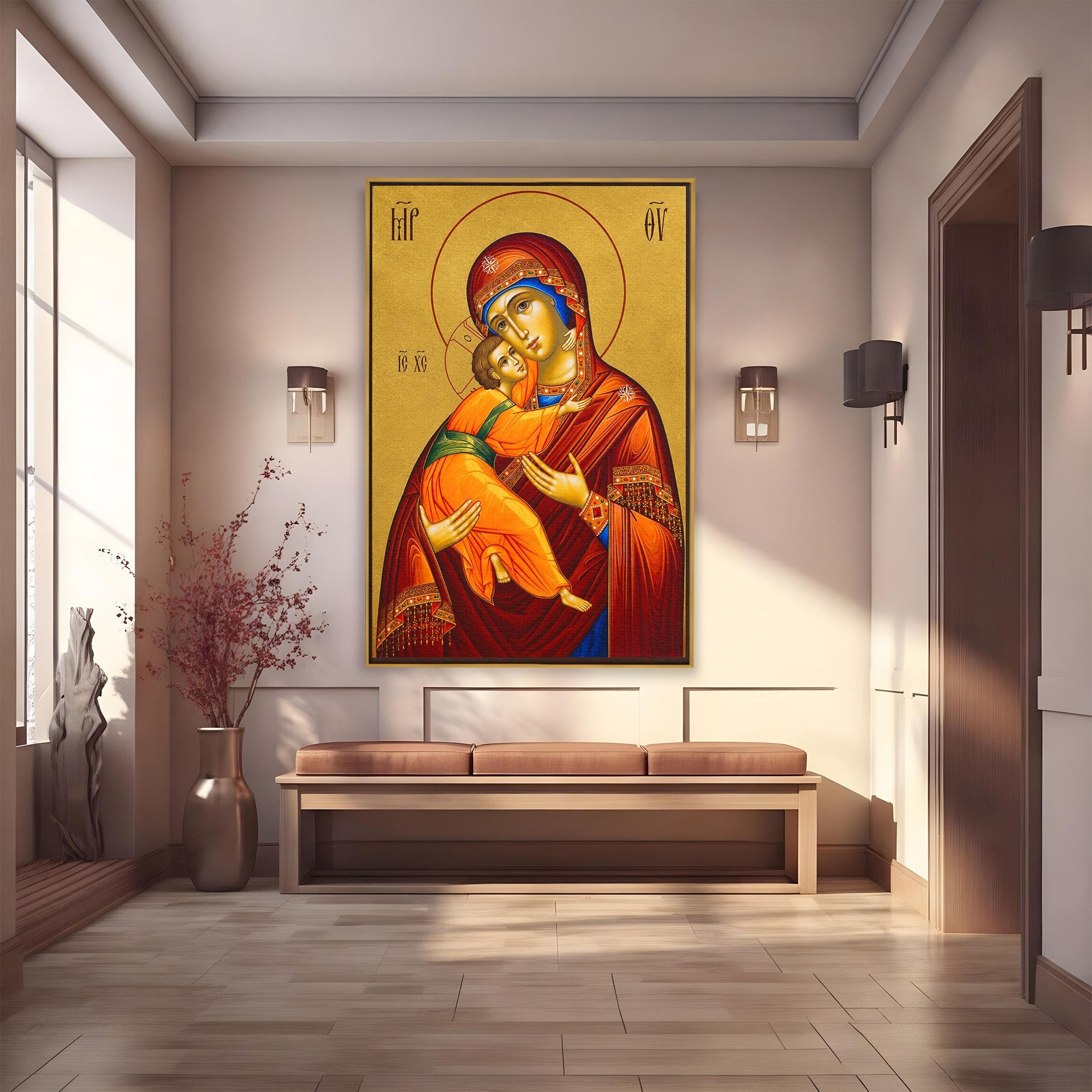Tablou Canvas Premium LuxCanva® H1064, Maica Domnului Milostiva cu Pruncul, Icoana, Religie, Spiritualitate, Traditie, Dormitor, Birou, Culori Vibrante