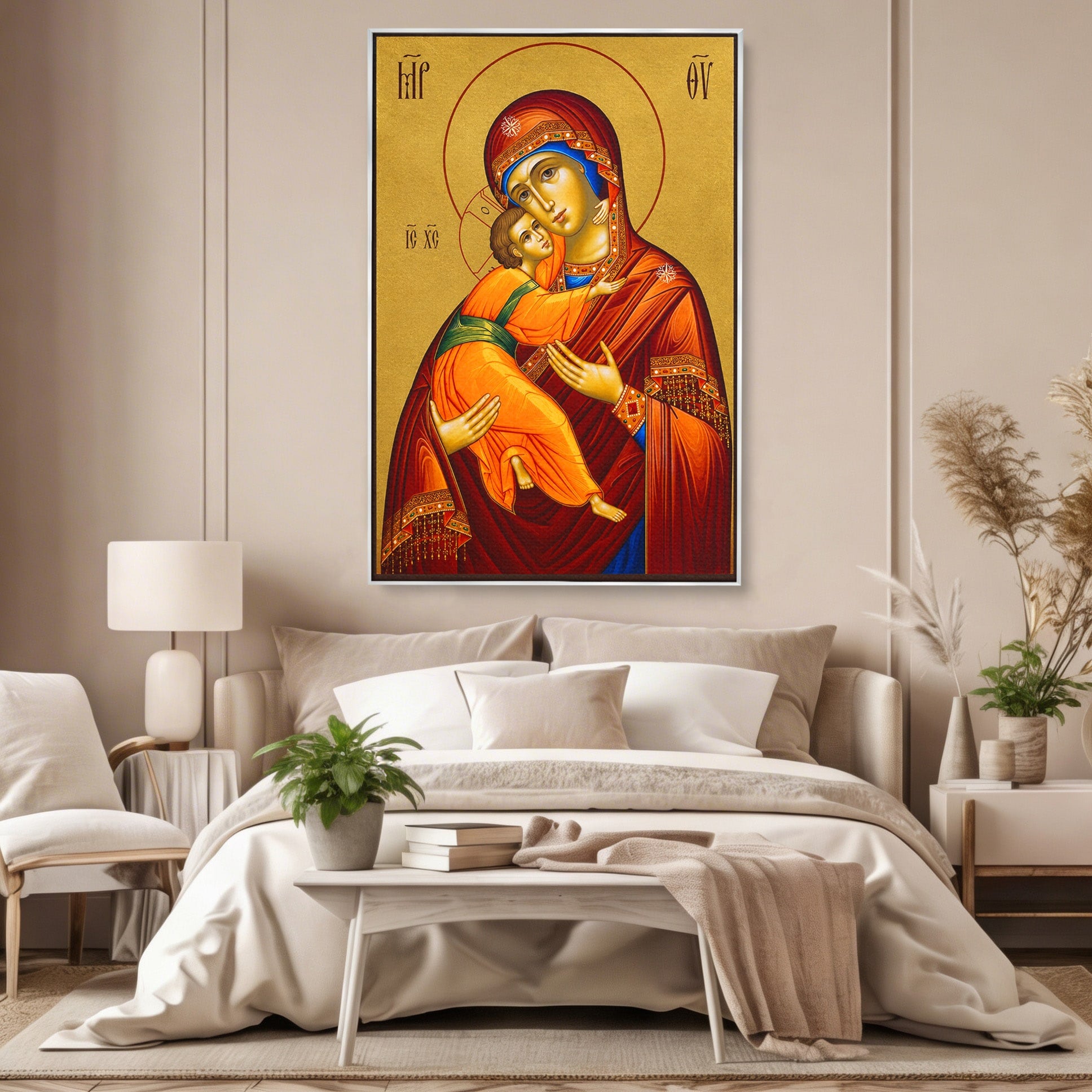 Tablou Canvas Premium LuxCanva® H1064, Maica Domnului Milostiva cu Pruncul, Icoana, Religie, Spiritualitate, Traditie, Dormitor, Birou, Culori Vibrante