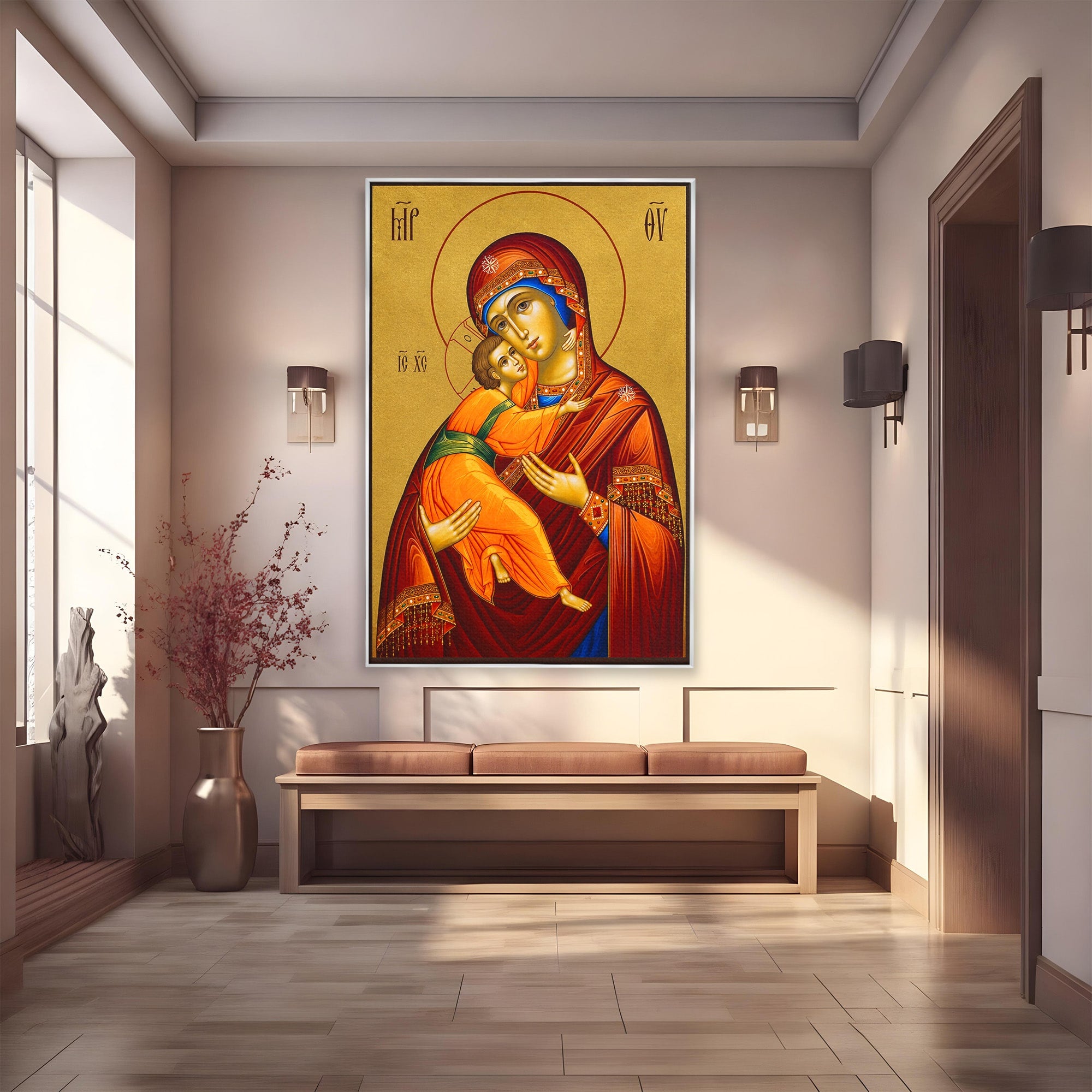 Tablou Canvas Premium LuxCanva® H1064, Maica Domnului Milostiva cu Pruncul, Icoana, Religie, Spiritualitate, Traditie, Dormitor, Birou, Culori Vibrante