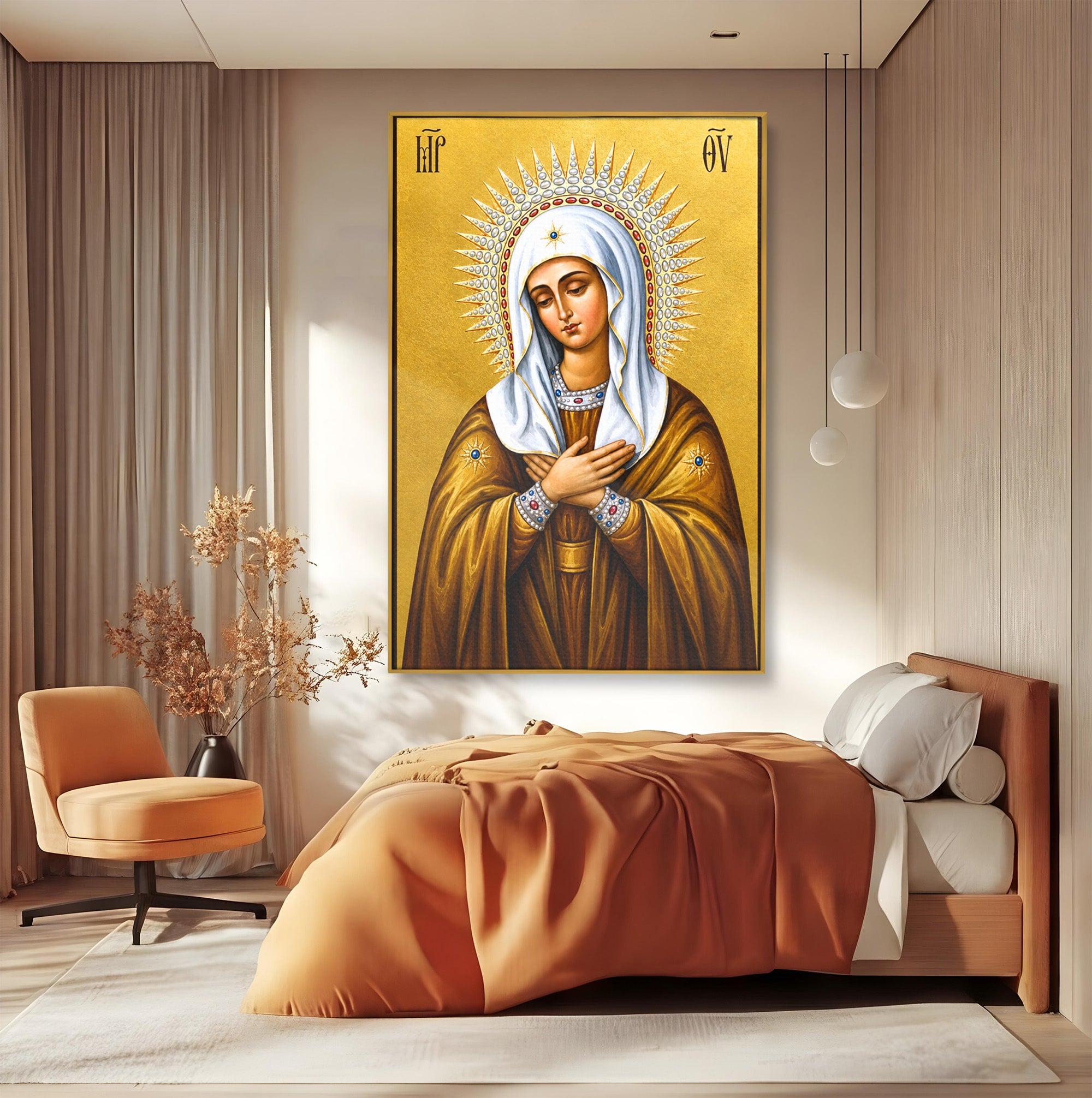 Tablou Canvas Premium LuxCanva® H1065, Maica Domnului Protectoare, Religie, Icoana, Spiritualitate, Credinta, Dormitor, Birou, Culori Vibrante