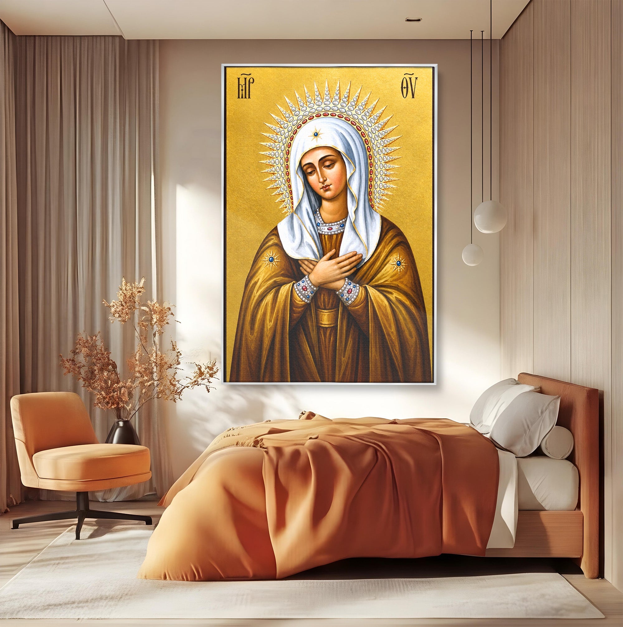 Tablou Canvas Premium LuxCanva® H1065, Maica Domnului Protectoare, Religie, Icoana, Spiritualitate, Credinta, Dormitor, Birou, Culori Vibrante