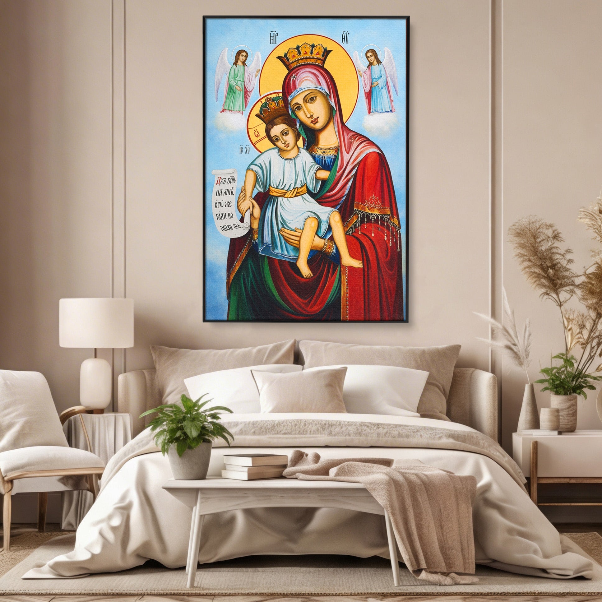 Tablou Canvas Premium LuxCanva® H1067, Maica Domnului Axionita, Icoana, Religie, Spiritualitate, Arta Sacra, Living, Dormitor, Culori Vibrante